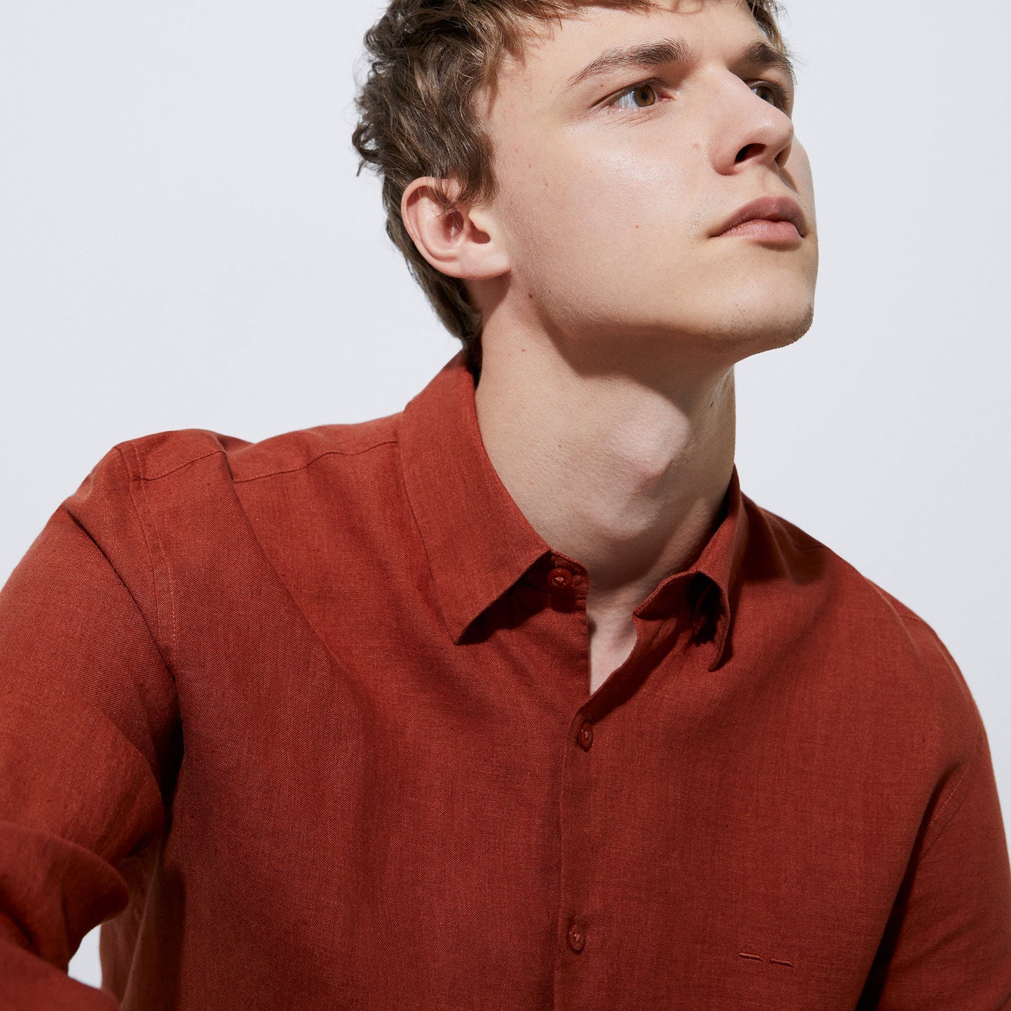Men Shirt | Brick Red Natural Linen Lapel Collar Shirt by Spanish designer Adolfo Dominguez