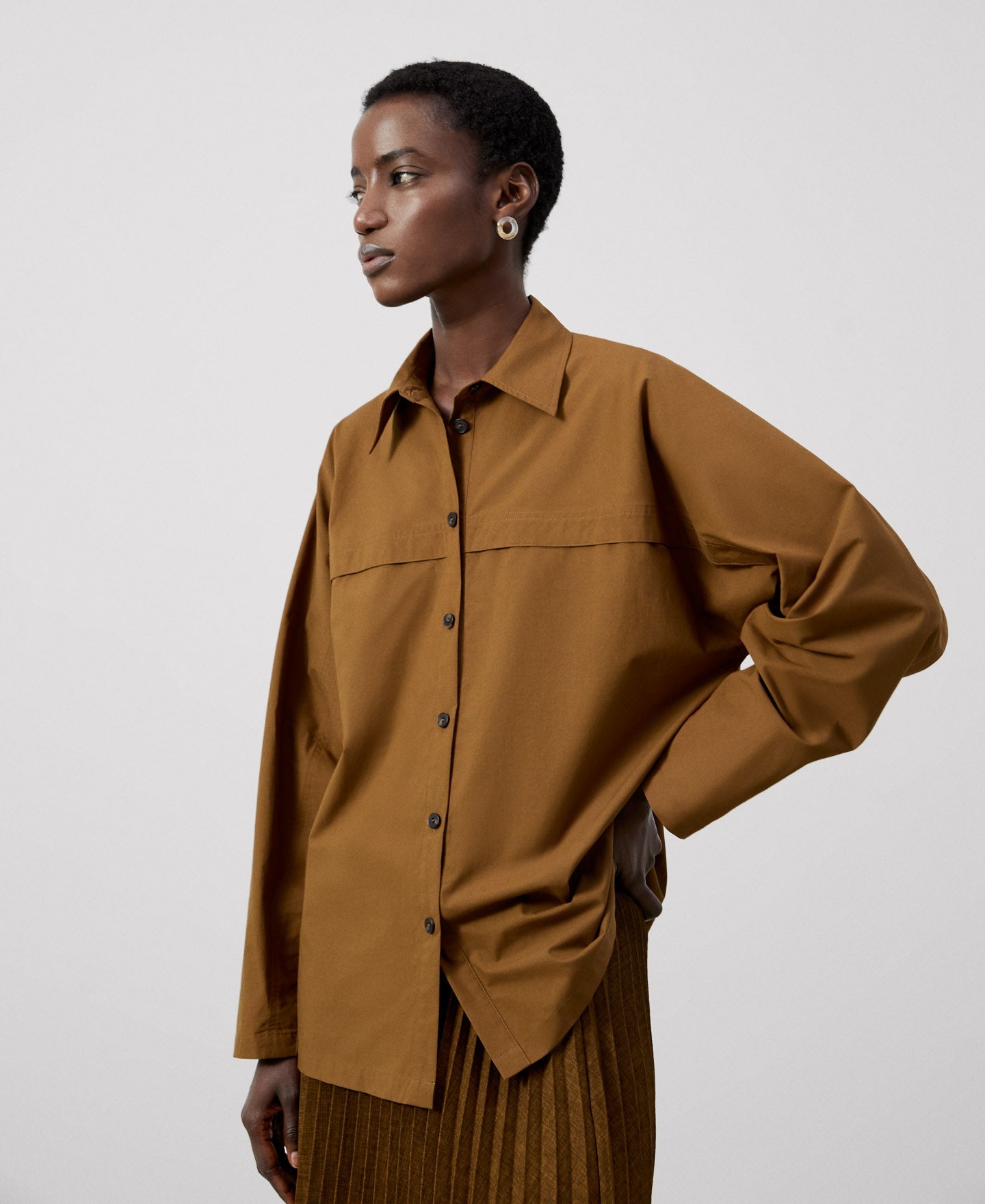 Women Shirt | Brown Cotton Japanese Sleeve Shirt by Spanish designer Adolfo Dominguez
