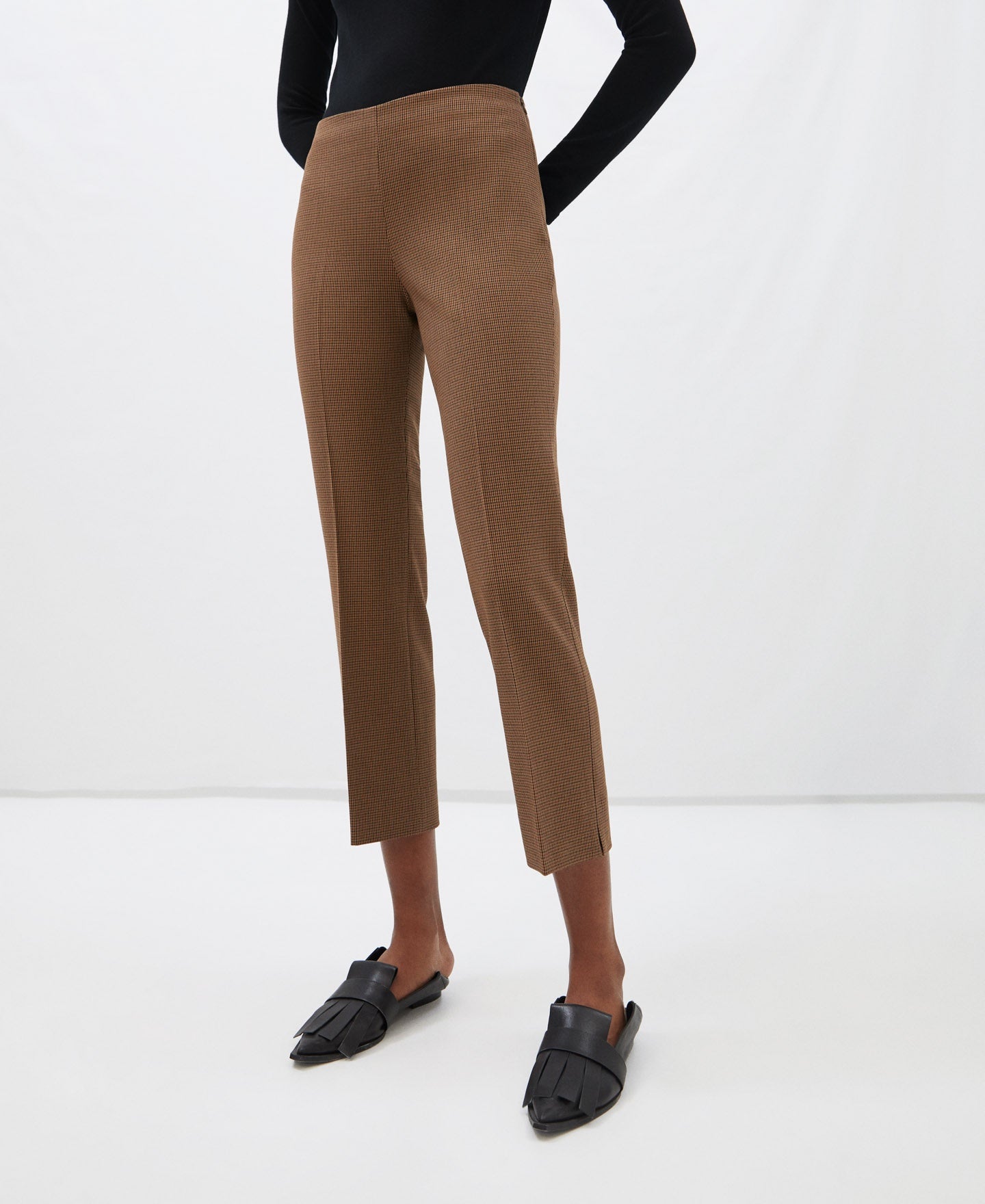 Women Trousers | Brown High-Waist Trousers With Microdrawing by Spanish designer Adolfo Dominguez