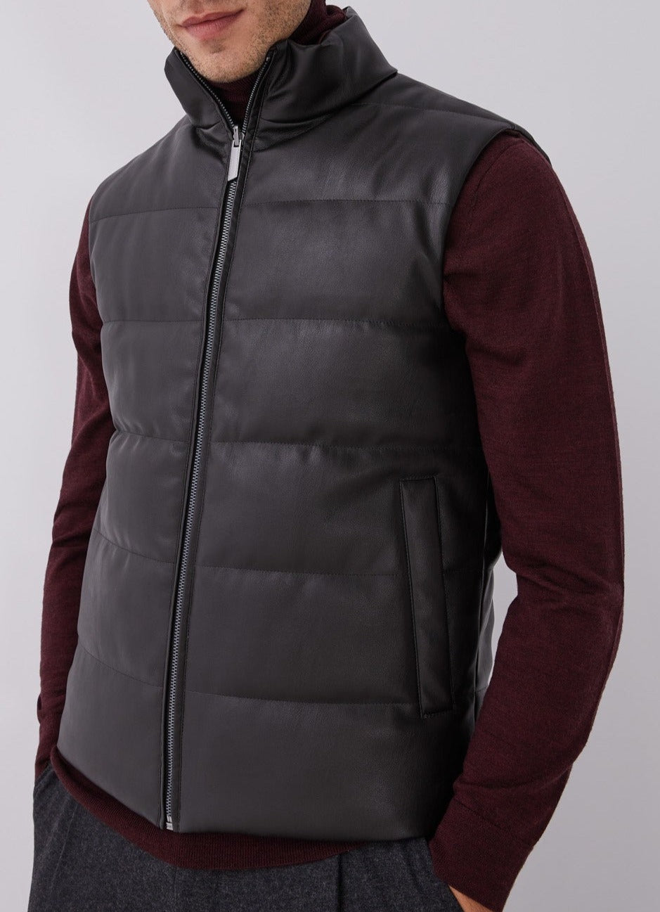 Men Ecoleather | Brown Reversible Gummed Puffer Waistcoat by Spanish designer Adolfo Dominguez