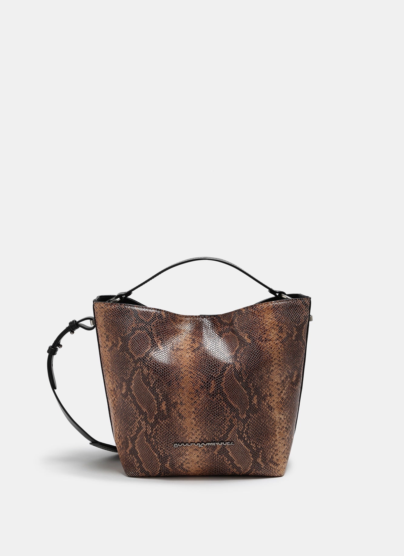 Women Leather Bag | Brown Snake Embossed Leather Bucket by Spanish designer Adolfo Dominguez