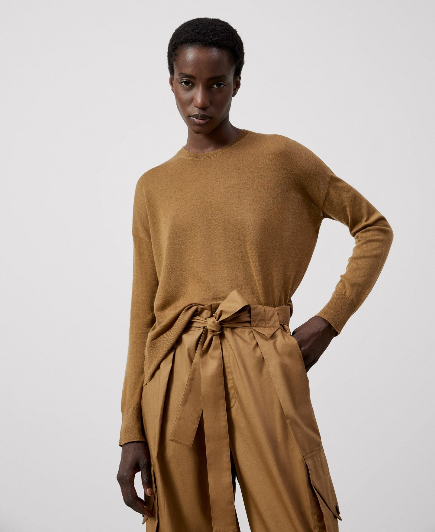 Women Jersey | Camel Merino Wool Sweater by Spanish designer Adolfo Dominguez