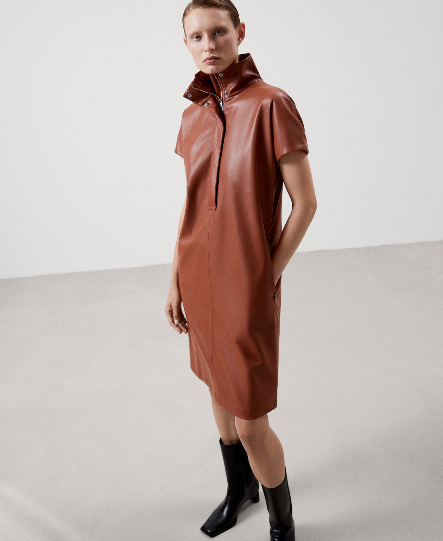 Women Dress | Camel Recycled Polyester Dress by Spanish designer Adolfo Dominguez