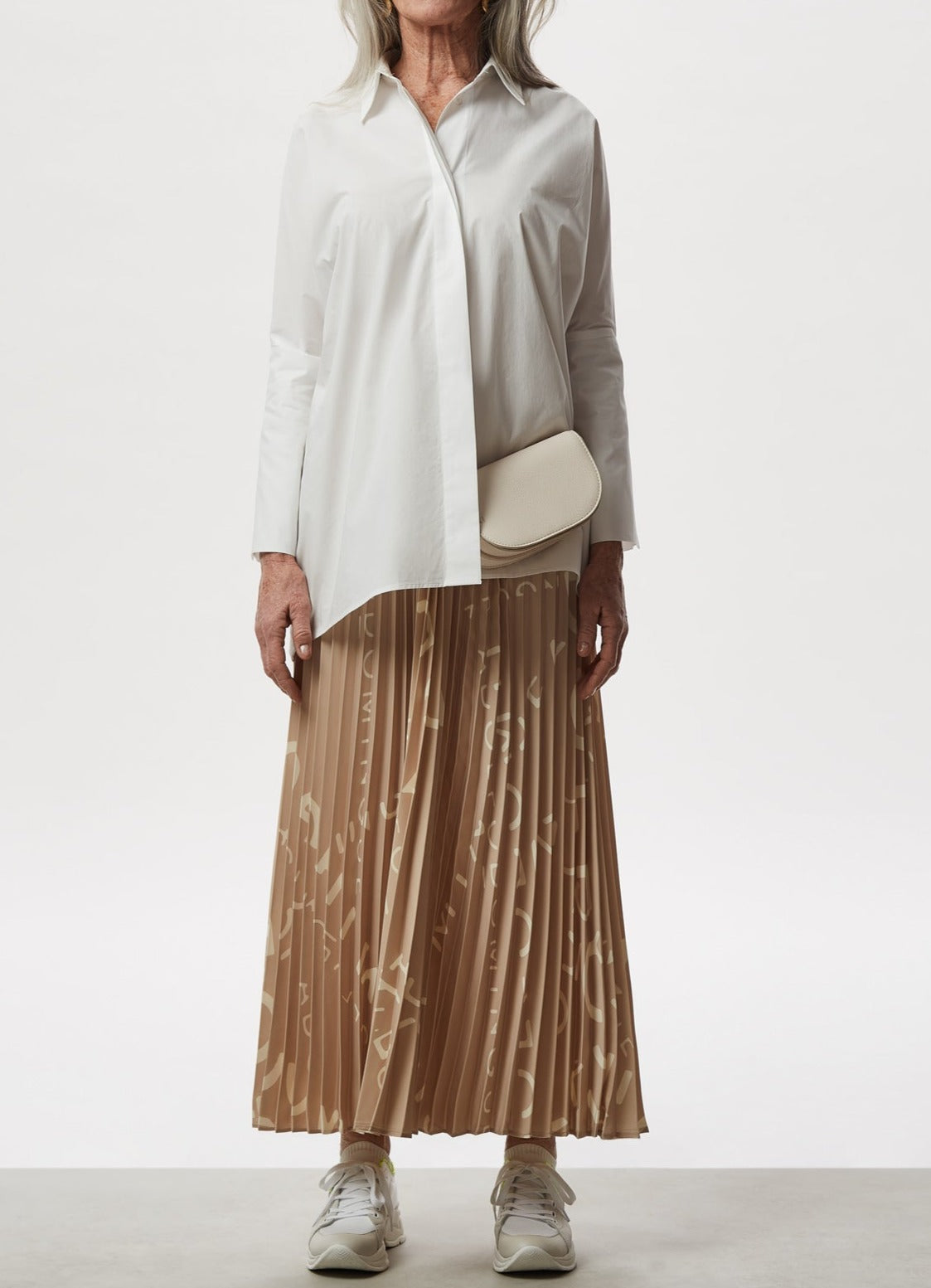 Women Skirt | Camel Stamped Pleated Skirt With Logo Print by Spanish designer Adolfo Dominguez