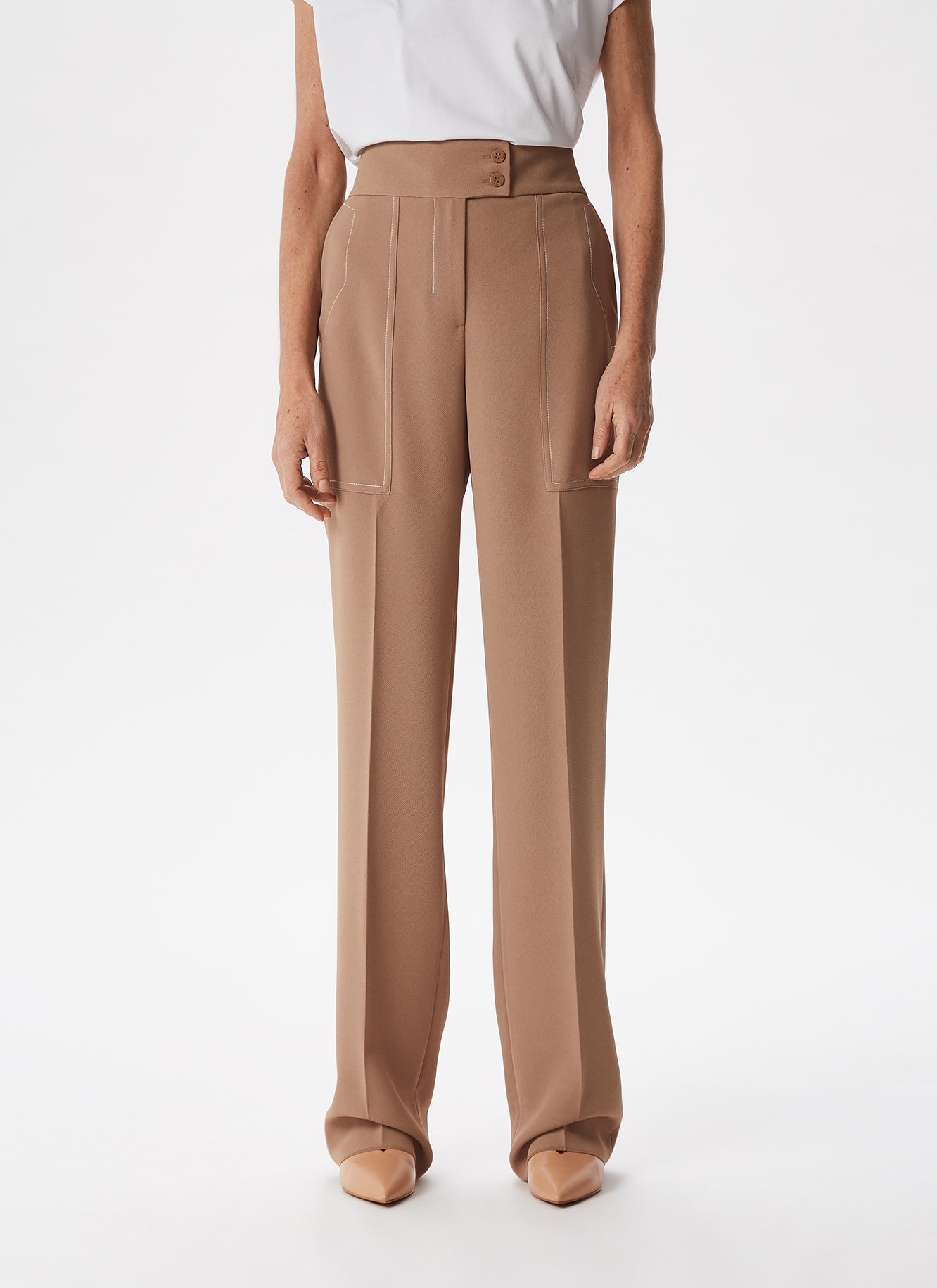 Women Trousers | Camel Straight Trousers With Visible Stitching by Spanish designer Adolfo Dominguez