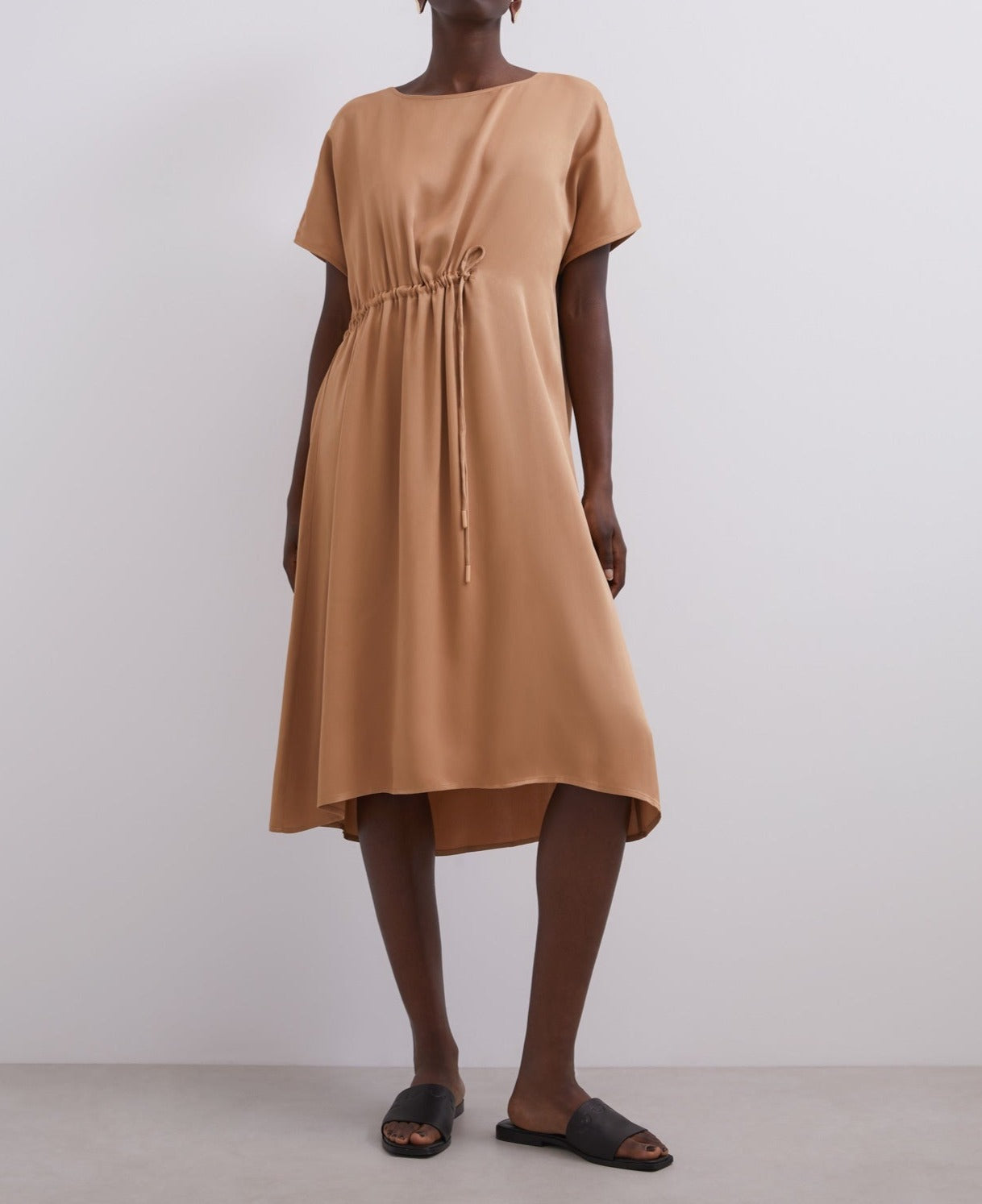 Women Shirt | Camel Viscose Midi Dress With Gathered Detail by Spanish designer Adolfo Dominguez