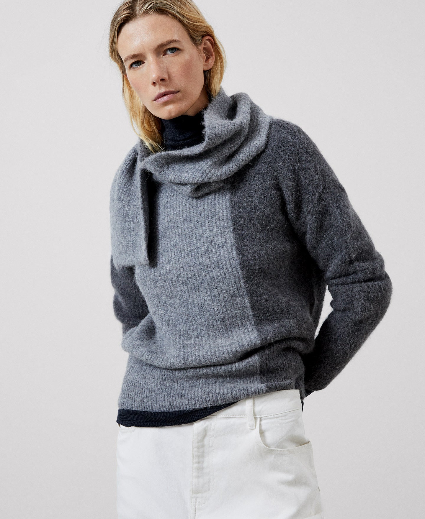 Women Jersey | Charcoal Grey/Ligh Wooll Knitted Scarf Collar Sweater by Spanish designer Adolfo Dominguez