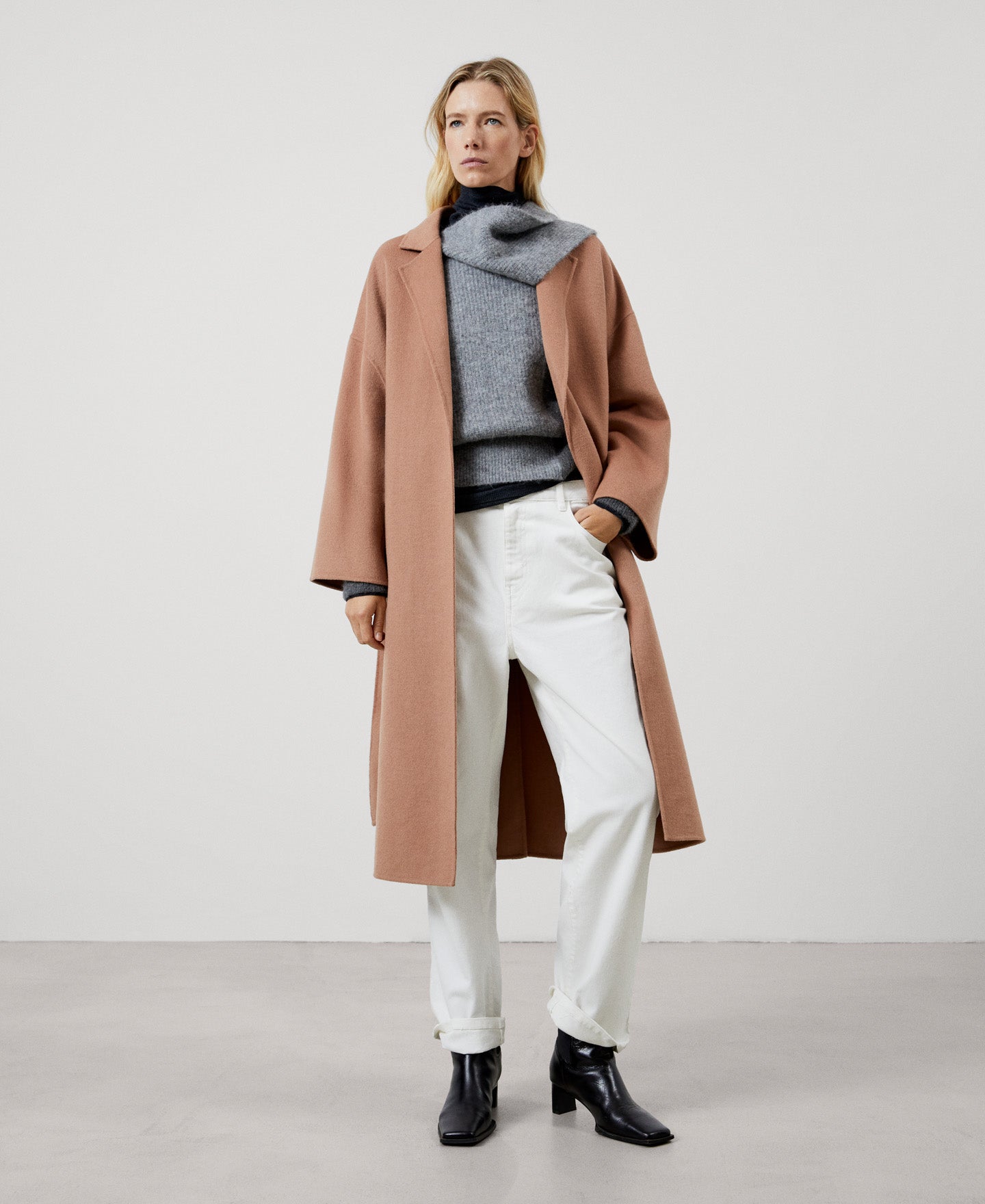 Women Jersey | Charcoal Grey/Ligh Wooll Knitted Scarf Collar Sweater by Spanish designer Adolfo Dominguez