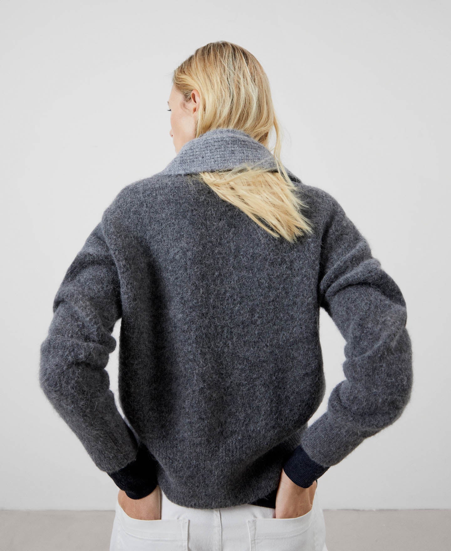 Women Jersey | Charcoal Grey/Ligh Wooll Knitted Scarf Collar Sweater by Spanish designer Adolfo Dominguez