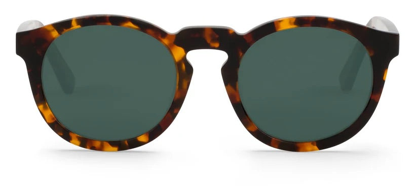 Round sunglasses with tortoiseshell frame and dark lenses on a white background