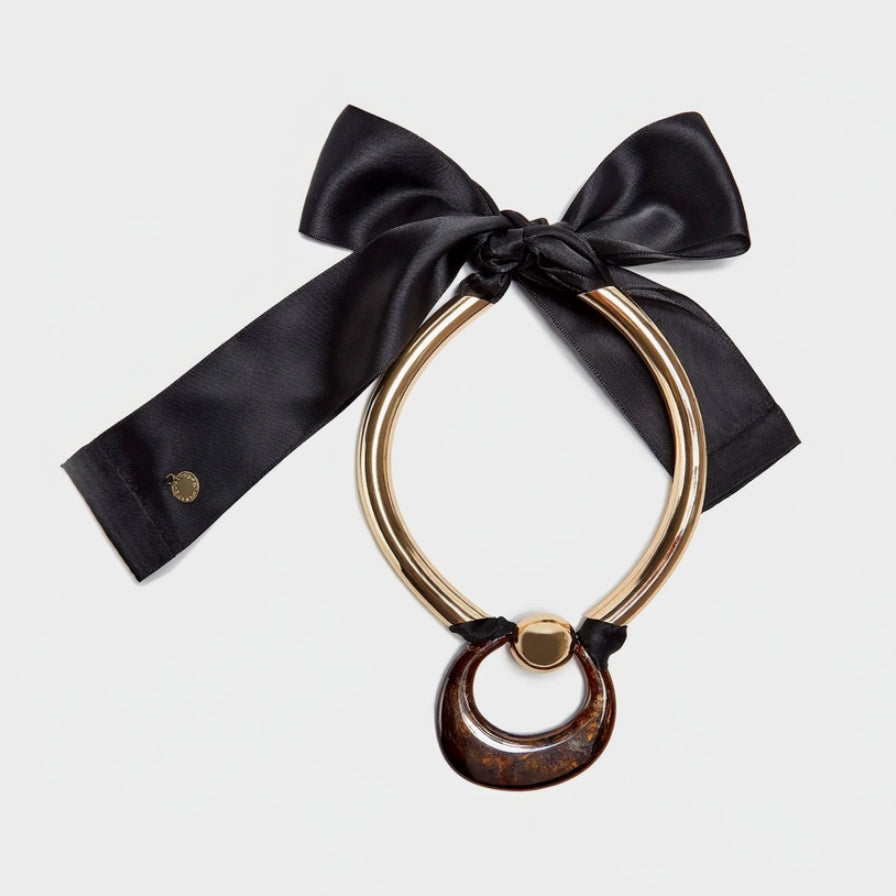 Women Necklace | Chocolate Tubular Necklace With Ribbon Closure by Spanish designer Adolfo Dominguez