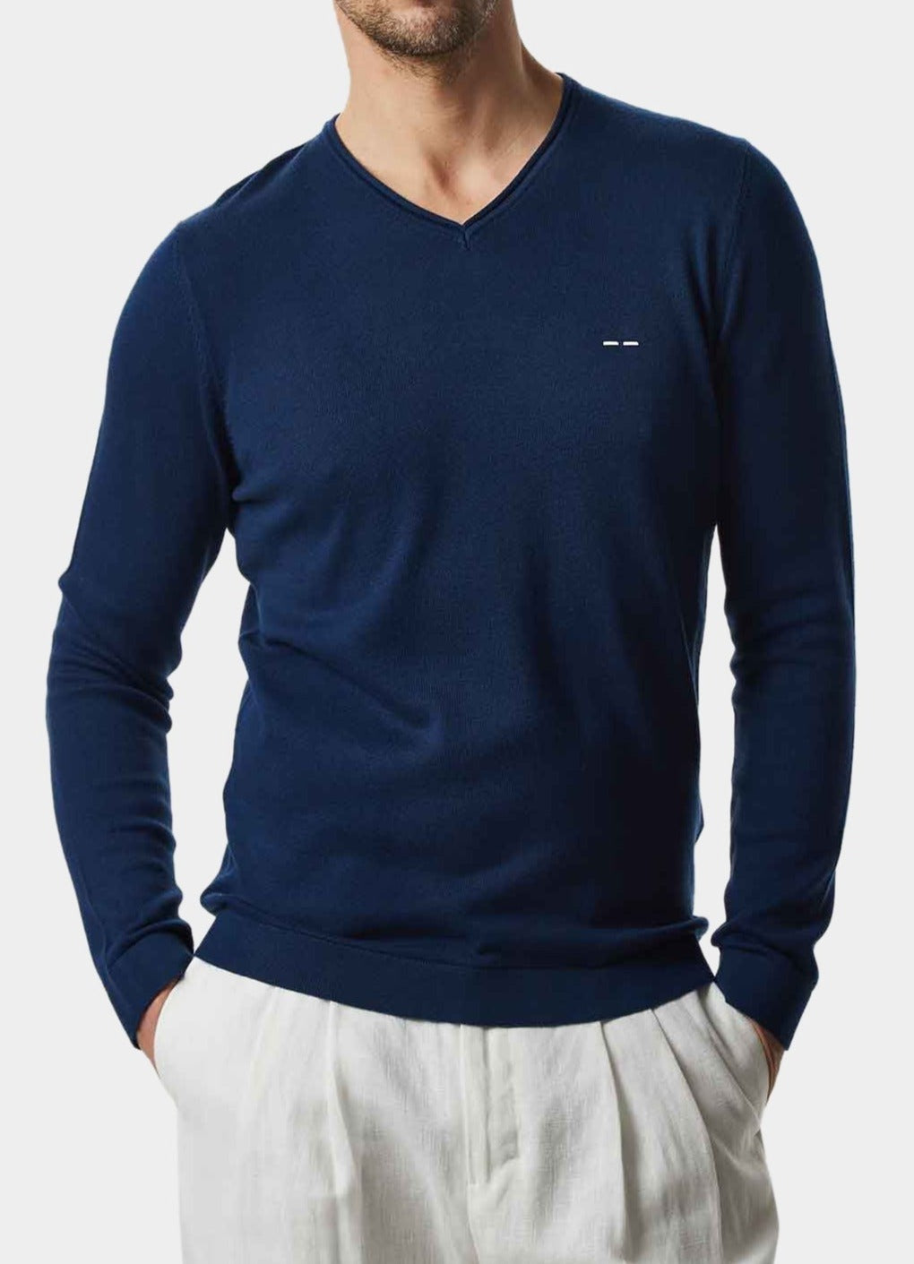 Men Jersey | Cobalt V-Neck Organic Cotton Sweater by Spanish designer Adolfo Dominguez