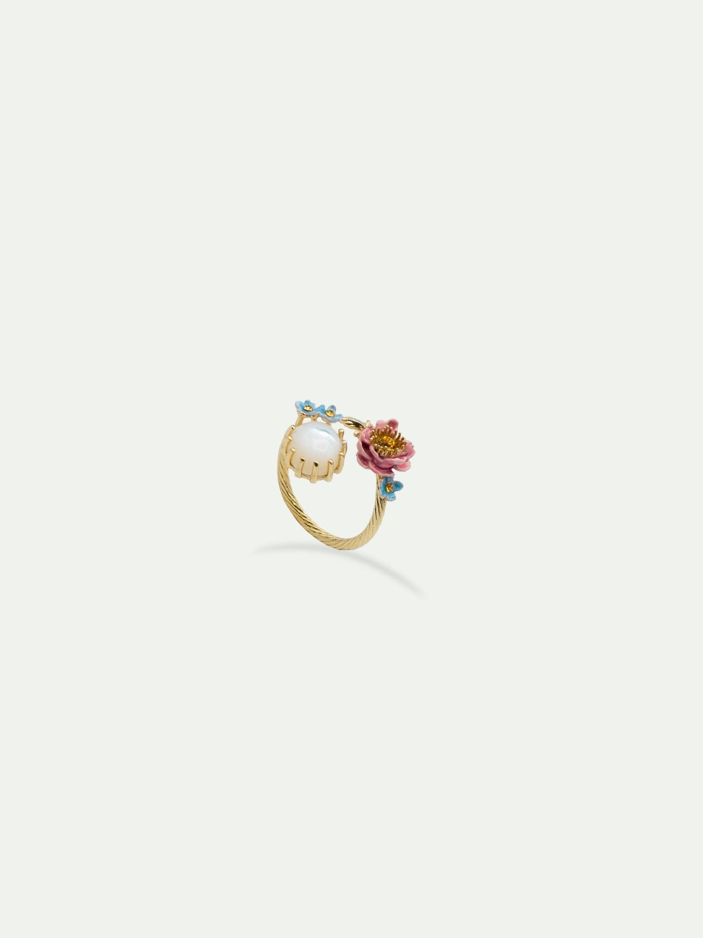 Adjustable Ring With Pink And Blue Flowers And Round Mother Of Pearl Stone | AVVE6011