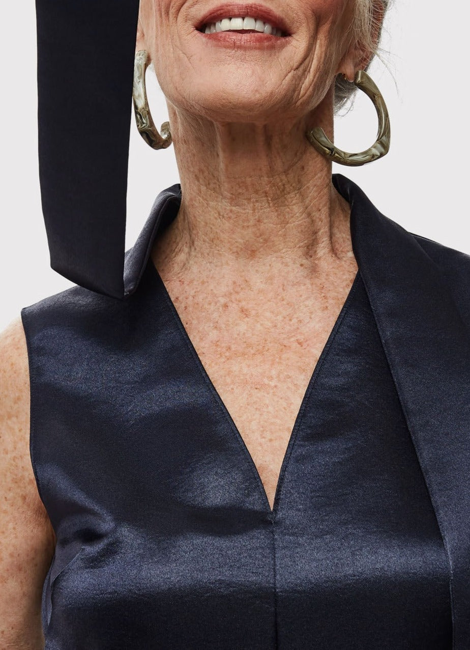 Women Top | Dark Blue Glossy Top With Matching Scarf by Spanish designer Adolfo Dominguez