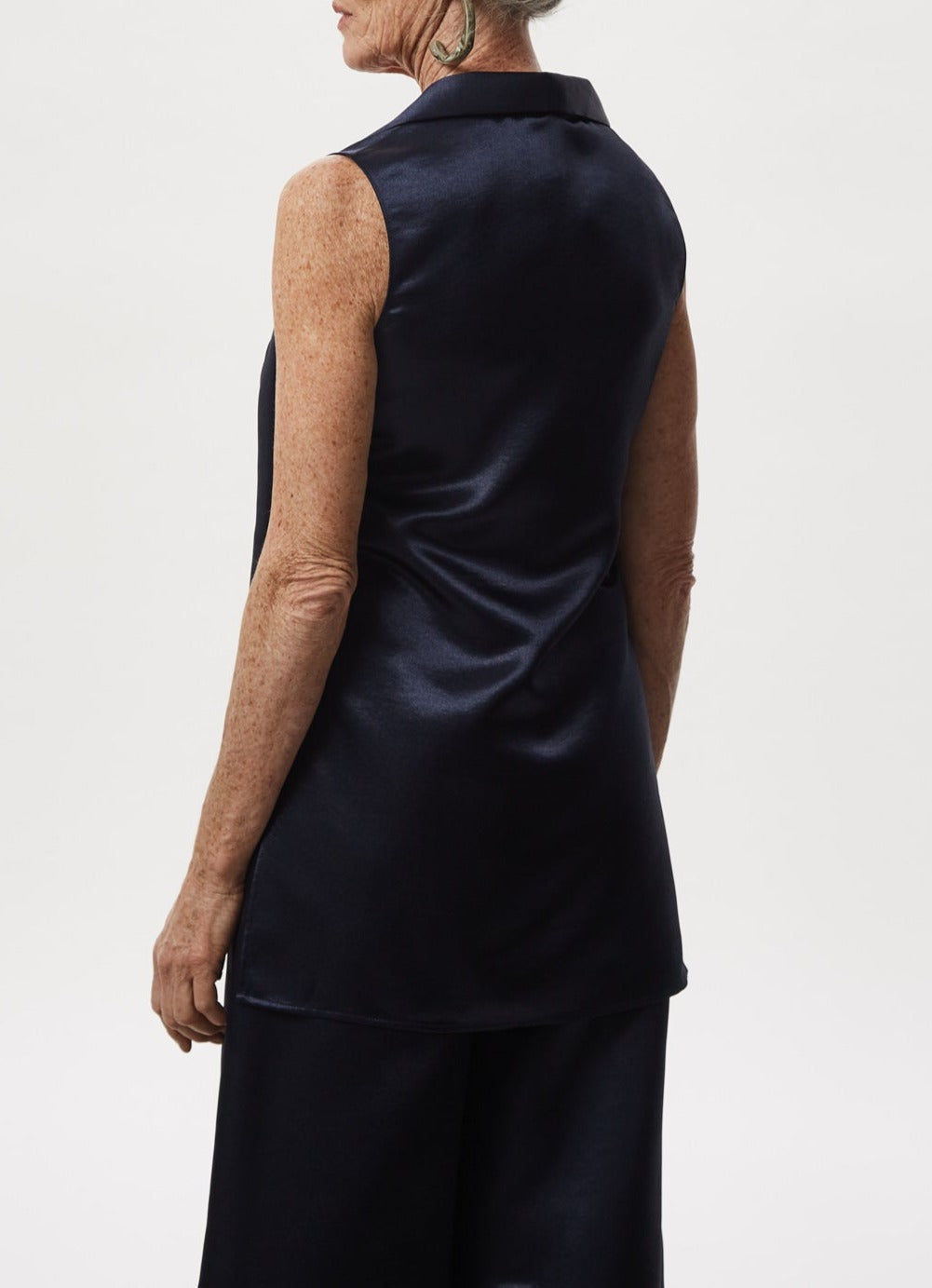 Women Top | Dark Blue Glossy Top With Matching Scarf by Spanish designer Adolfo Dominguez