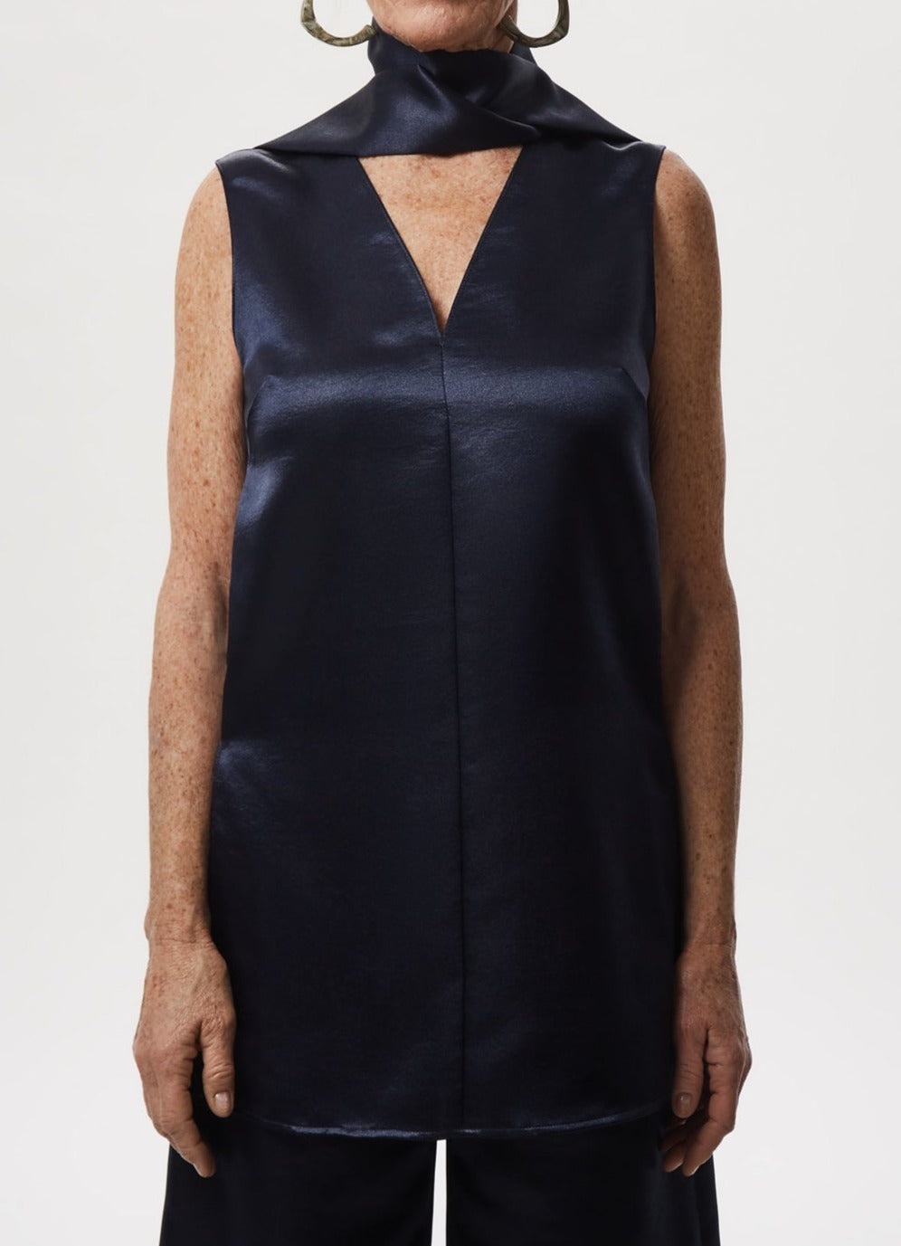 Women Top | Dark Blue Glossy Top With Matching Scarf by Spanish designer Adolfo Dominguez