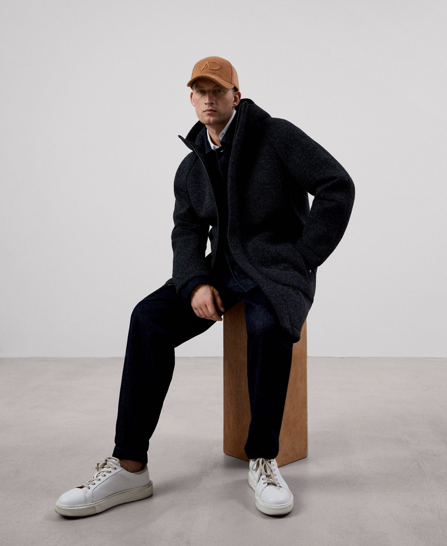 Men Long Jacket | Dark Grey Mens Coat by Spanish designer Adolfo Dominguez