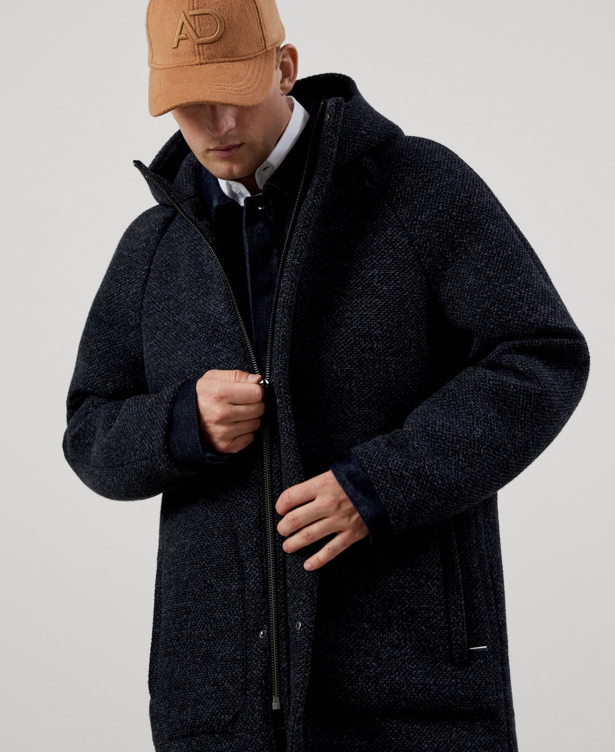 Men Long Jacket | Dark Grey Mens Coat by Spanish designer Adolfo Dominguez