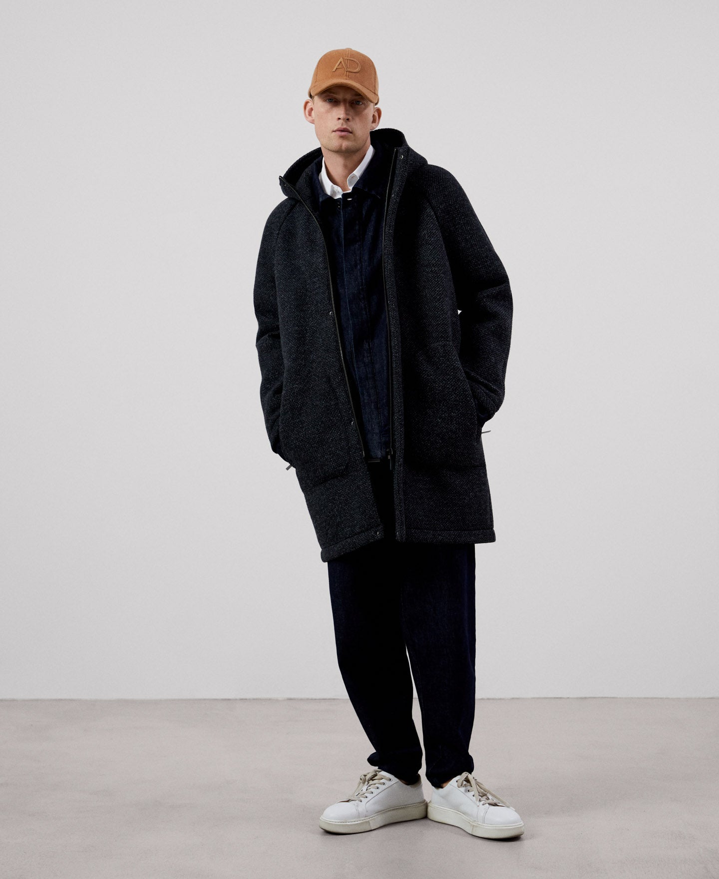 Men Long Jacket | Dark Grey Mens Coat by Spanish designer Adolfo Dominguez