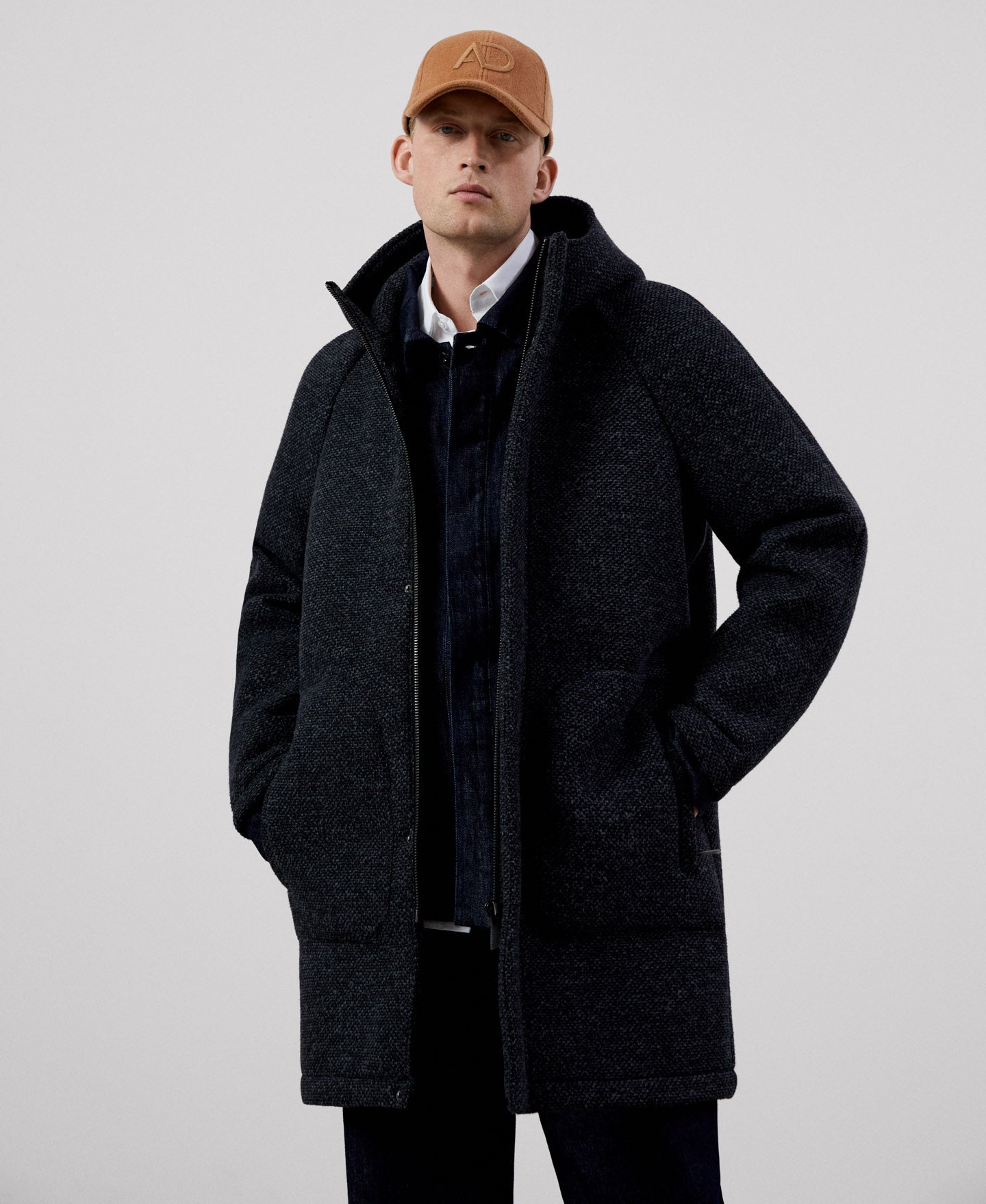 Men Long Jacket | Dark Grey Mens Coat by Spanish designer Adolfo Dominguez