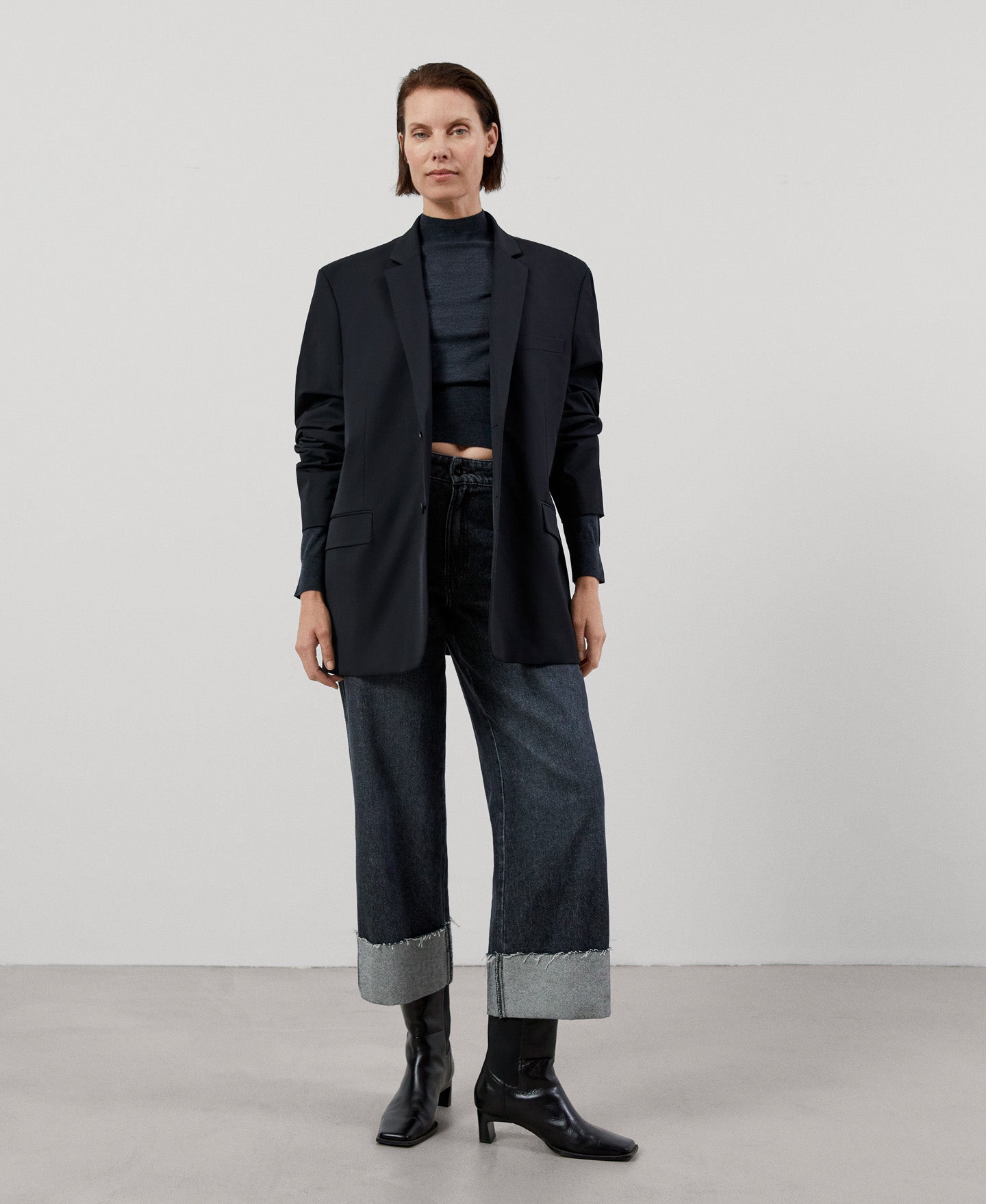 Women Jersey | Dark Grey Merino Wool High Collar Sweater by Spanish designer Adolfo Dominguez