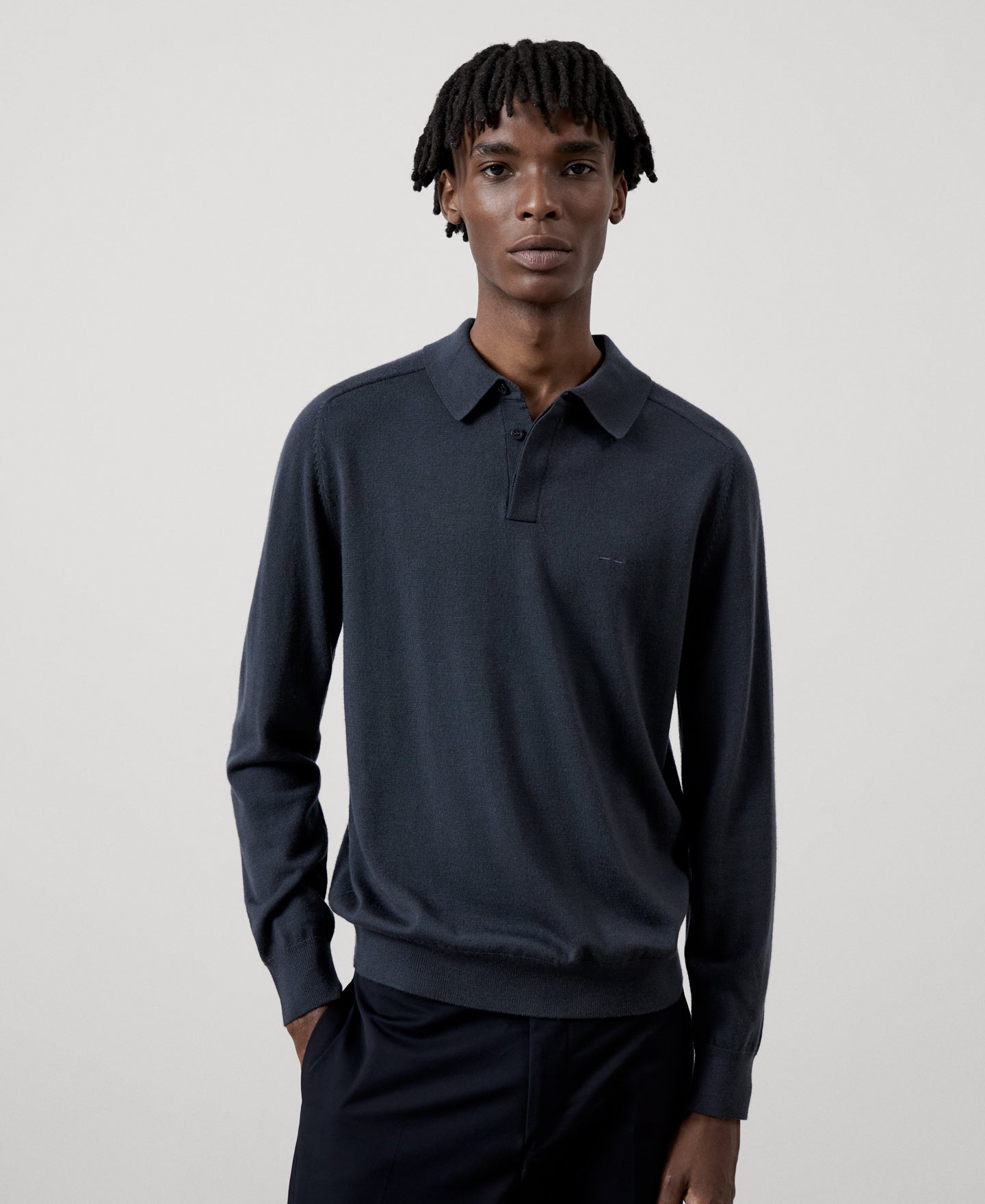 Men Knit Polo | Dark Grey Merino Wool Long Sleeve Polo Shirt by Spanish designer Adolfo Dominguez
