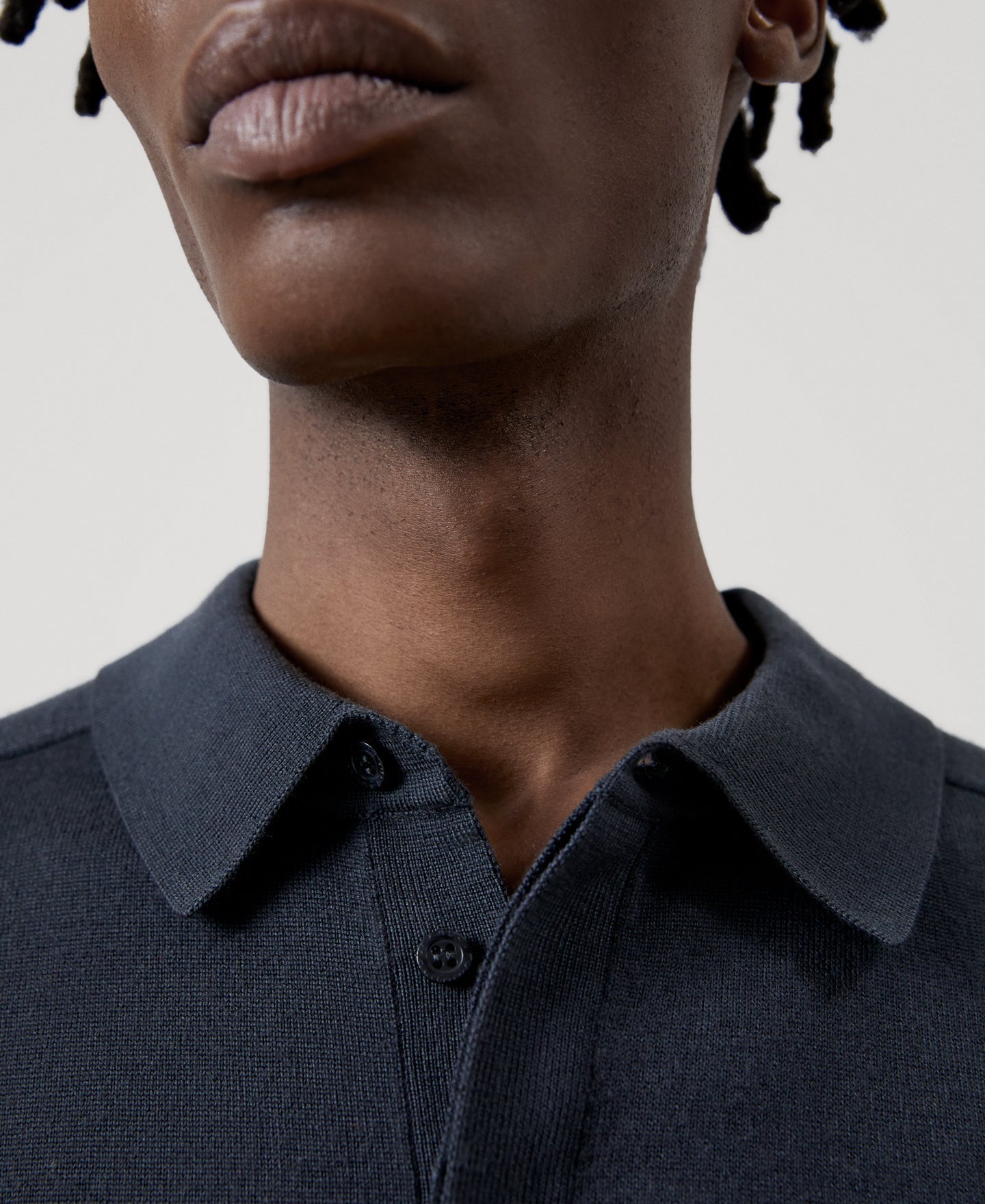 Men Knit Polo | Dark Grey Merino Wool Long Sleeve Polo Shirt by Spanish designer Adolfo Dominguez