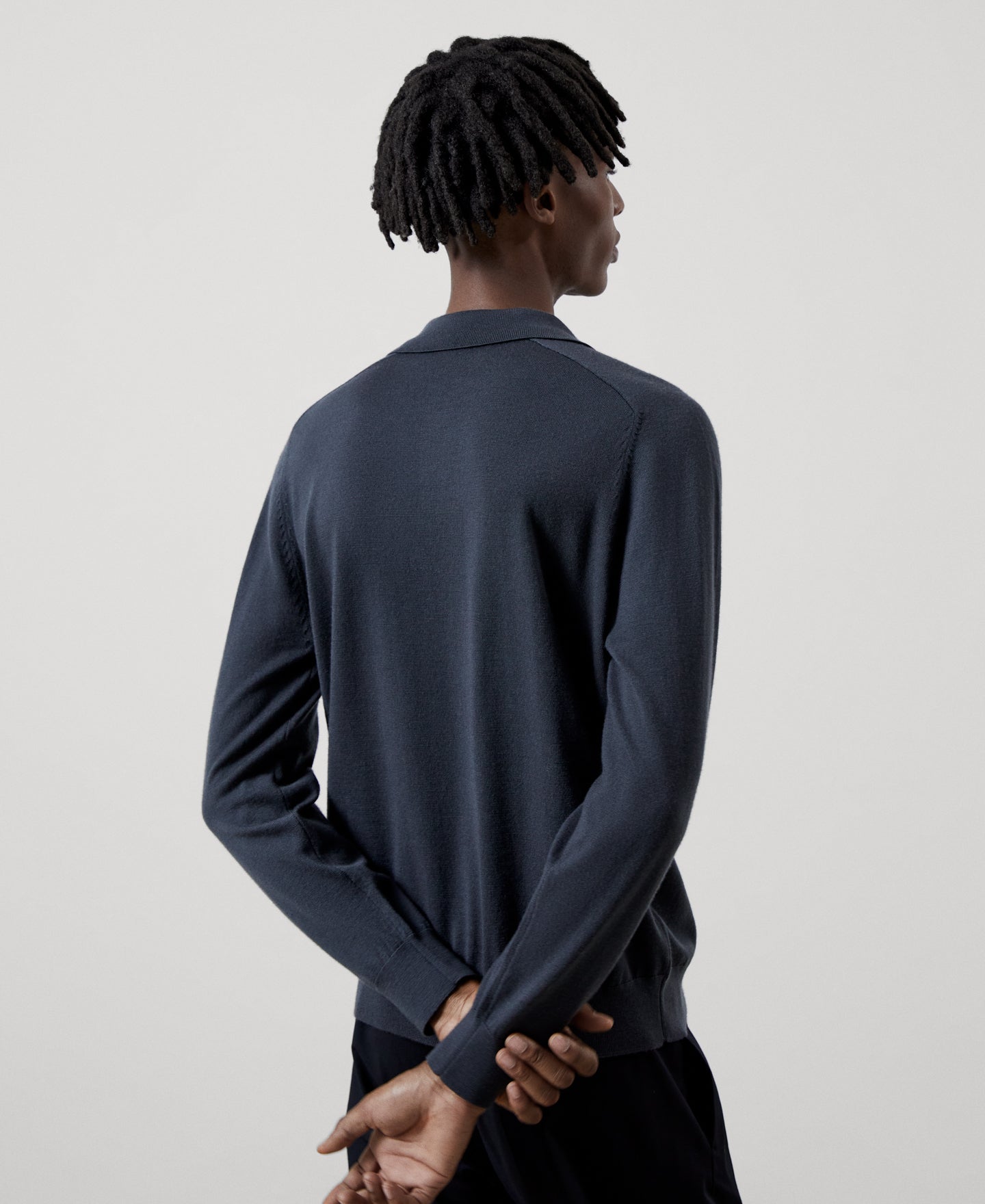 Men Knit Polo | Dark Grey Merino Wool Long Sleeve Polo Shirt by Spanish designer Adolfo Dominguez