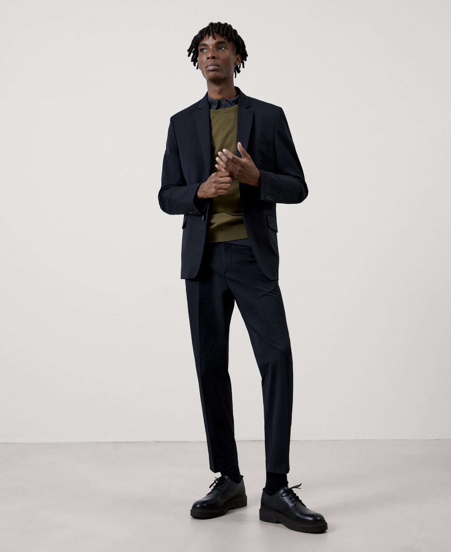 Men Knit Polo | Dark Grey Merino Wool Long Sleeve Polo Shirt by Spanish designer Adolfo Dominguez