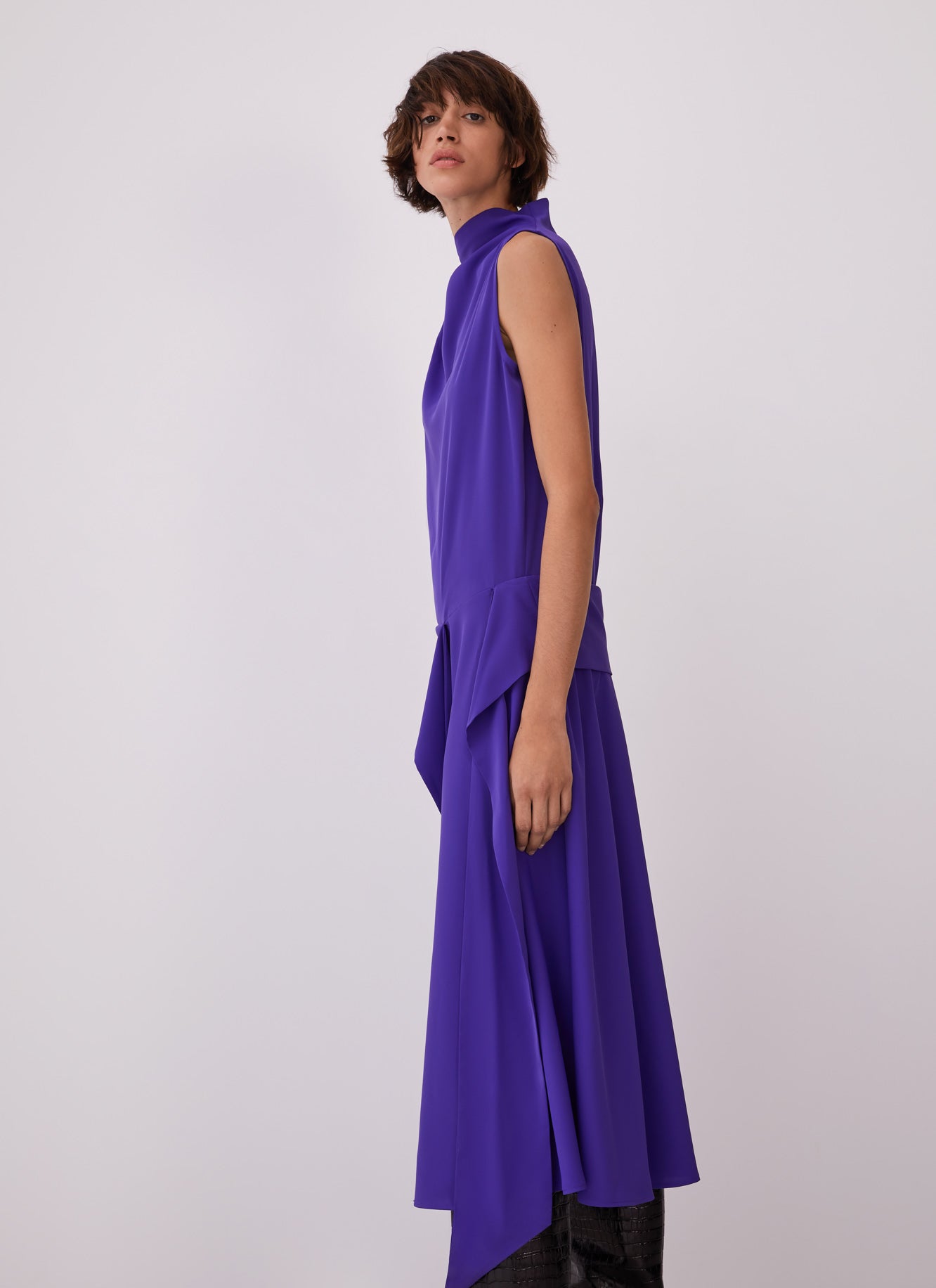 Women Cocktail Dress | Deep Purple Dress With Asymmetric Neckline by Spanish designer Adolfo Dominguez