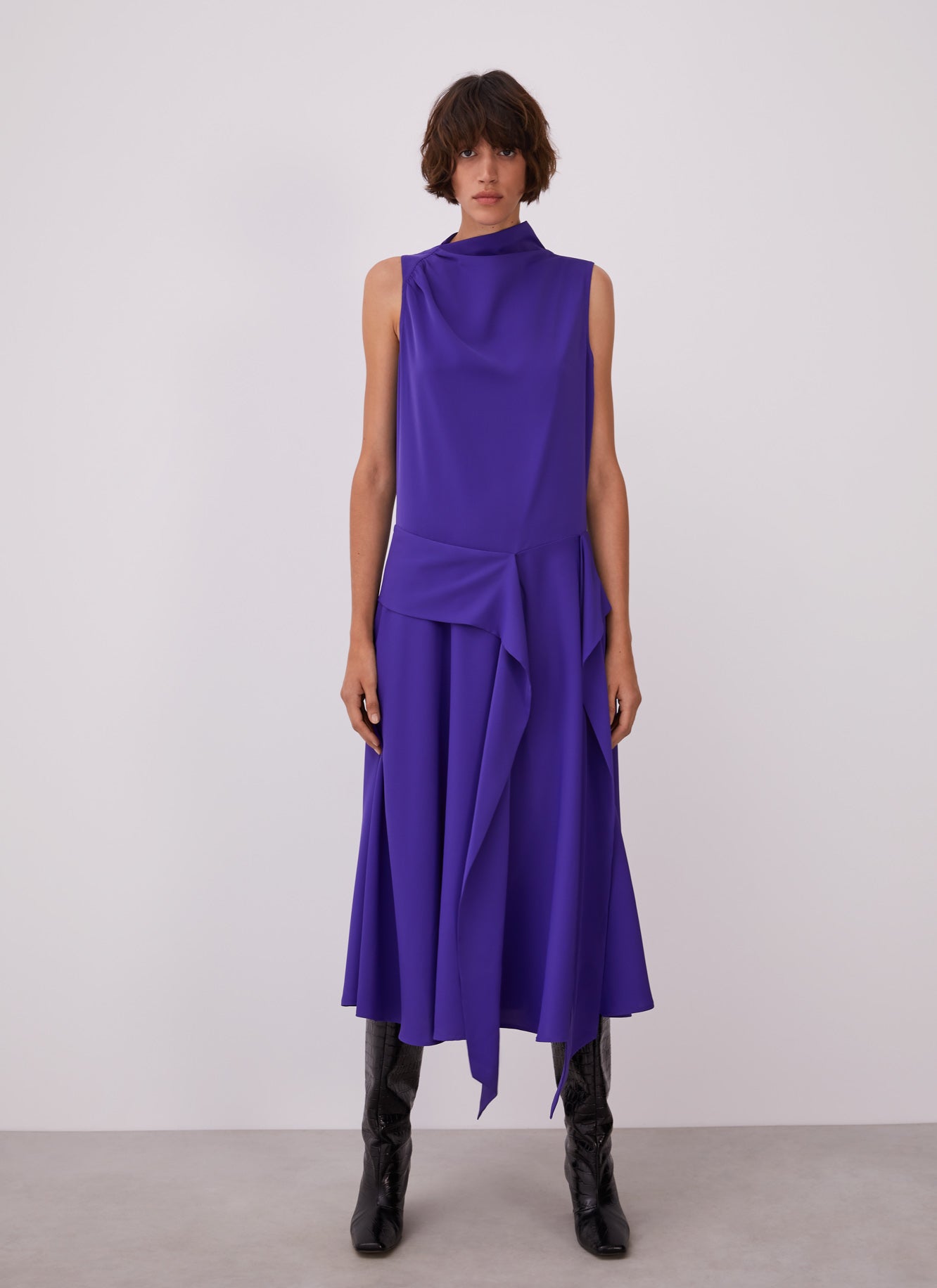 Women Cocktail Dress | Deep Purple Dress With Asymmetric Neckline by Spanish designer Adolfo Dominguez