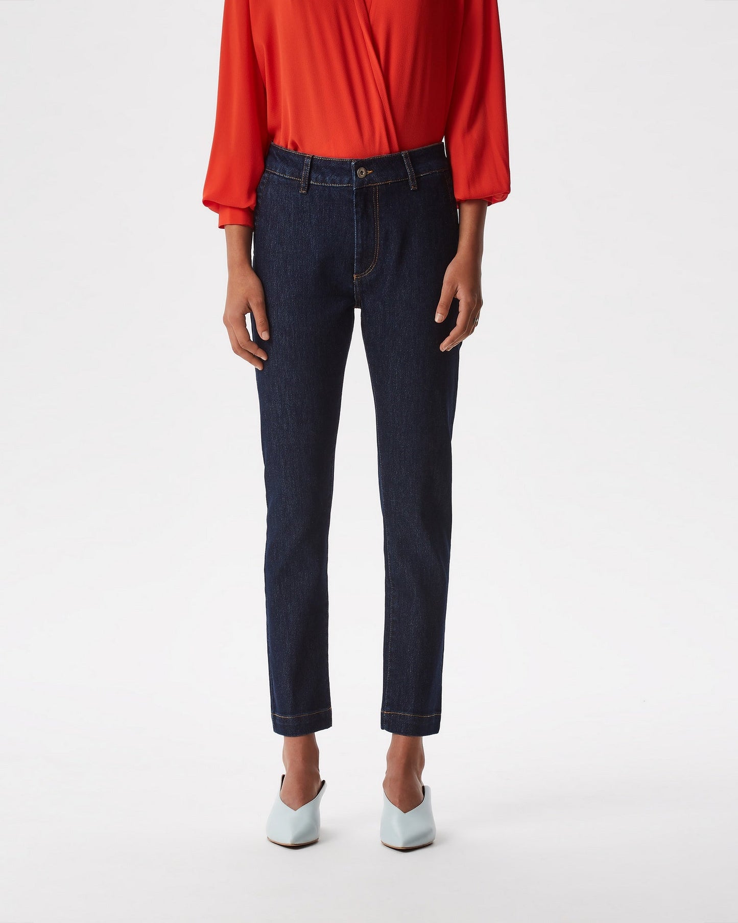 Women Jeans | Denim Blue Slim Fit Denim Jeans With Low Waist by Spanish designer Adolfo Dominguez