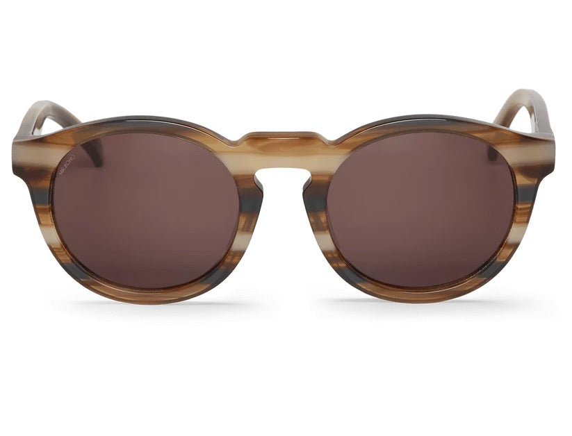 Round Sunglasses with brown striped frame and brown lenses on a white background