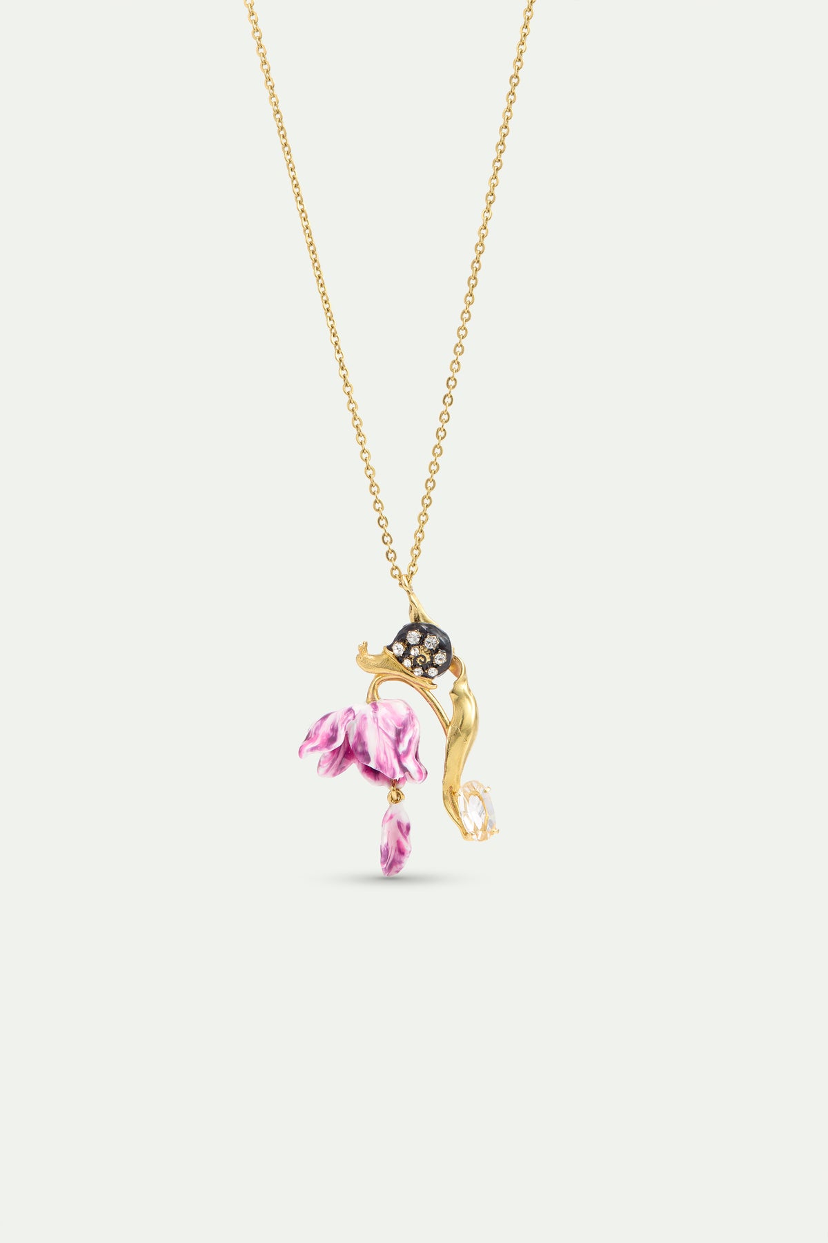 Purple Tulip, Snail and Crystal Pendant Necklace front view