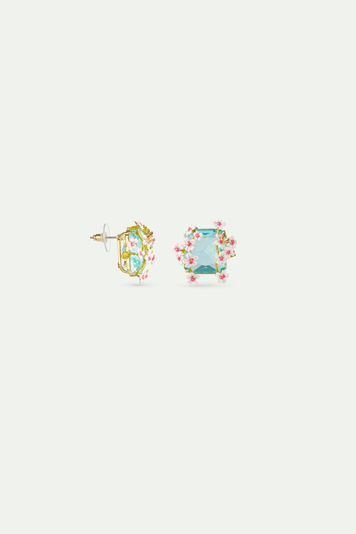 Square Blue Faceted Stone Earrings With Hawthorn And Butterfly alternate stud view