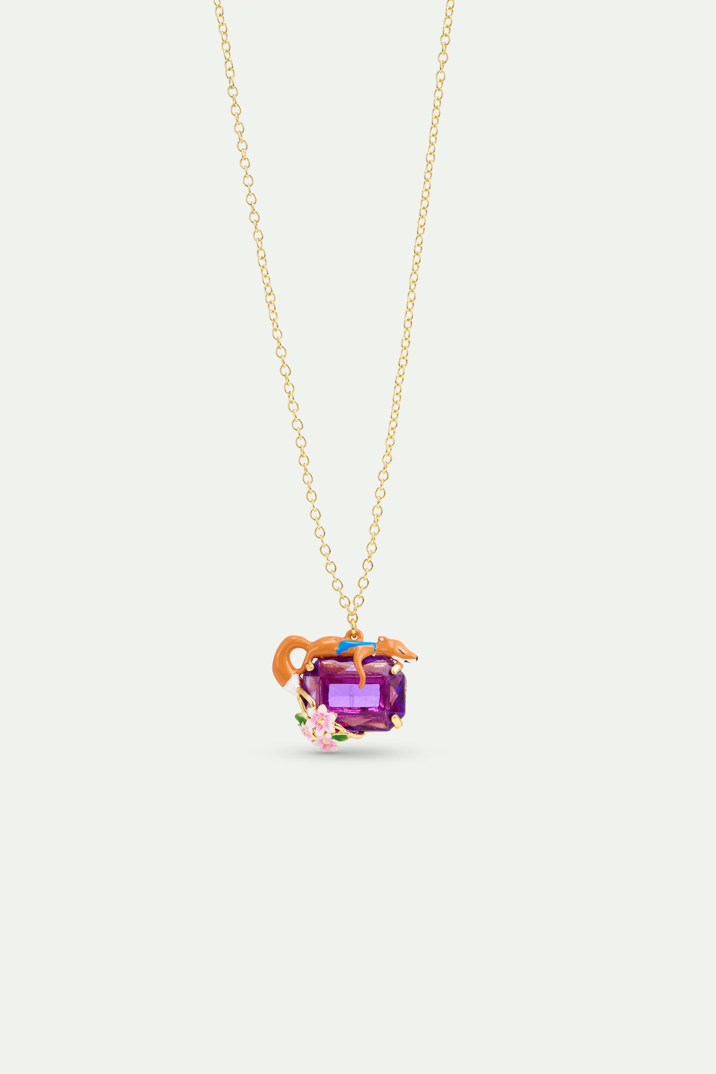 Purple Rectangular Stone Fox And Flower Pendant Necklace front view
