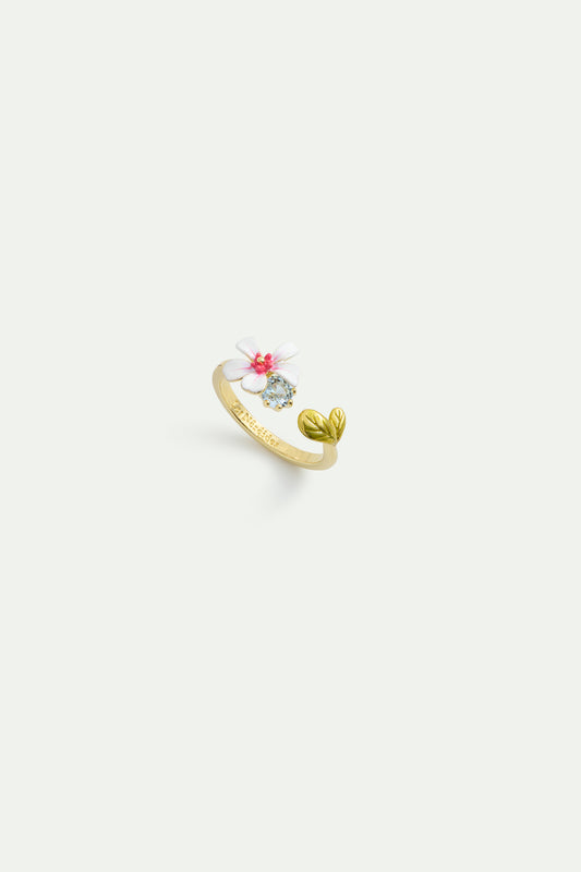 White And Pink Hawthorn Adjustable Ring With Blue Crystal front view