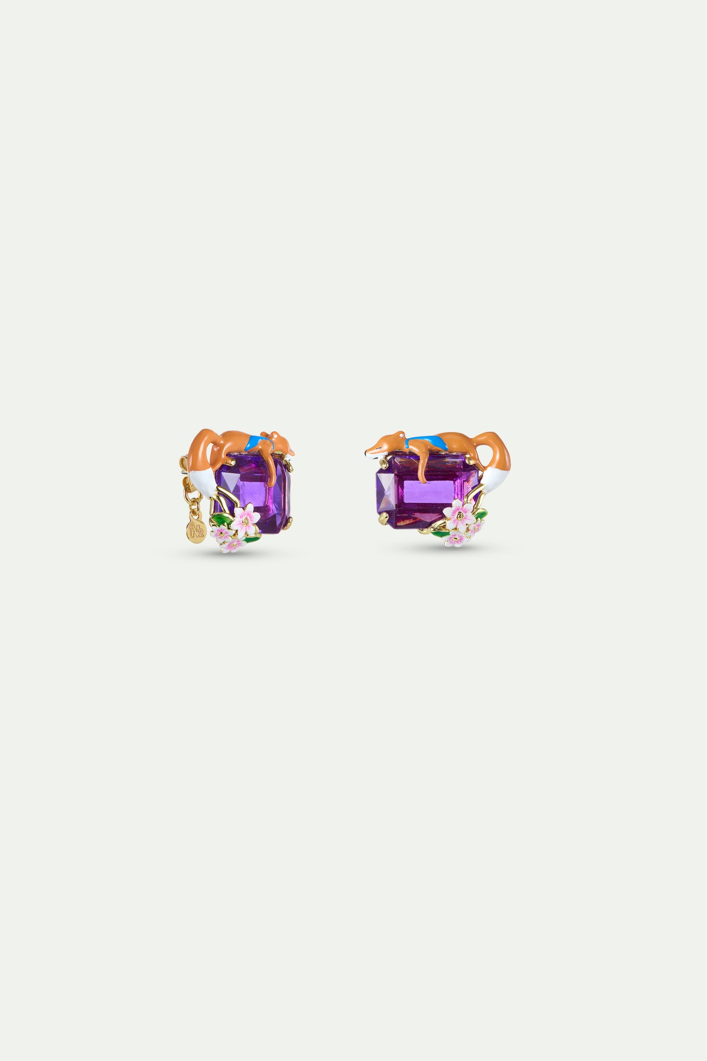 Purple Rectangular Stone Fox And Flower Earrings alternate stud view