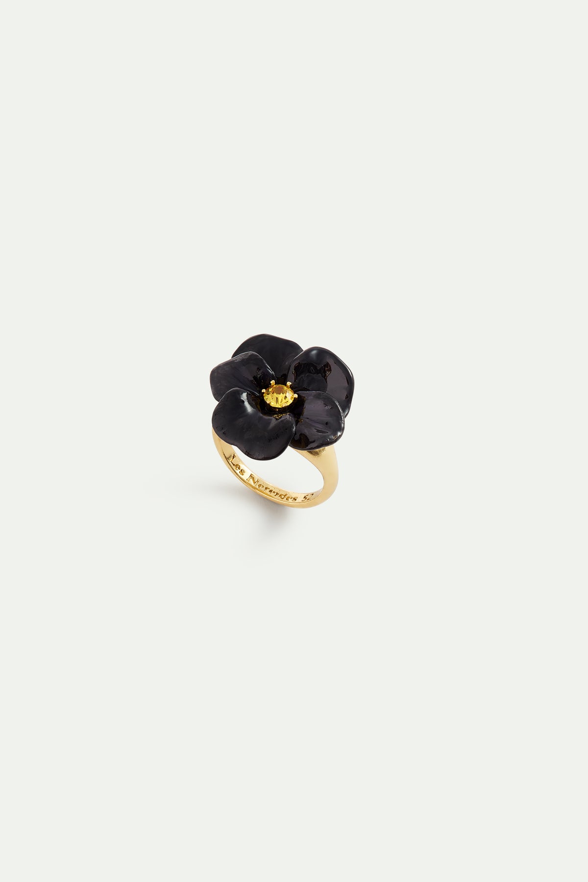 Black Pansy And Faceted Crystal Cocktail Ring front view