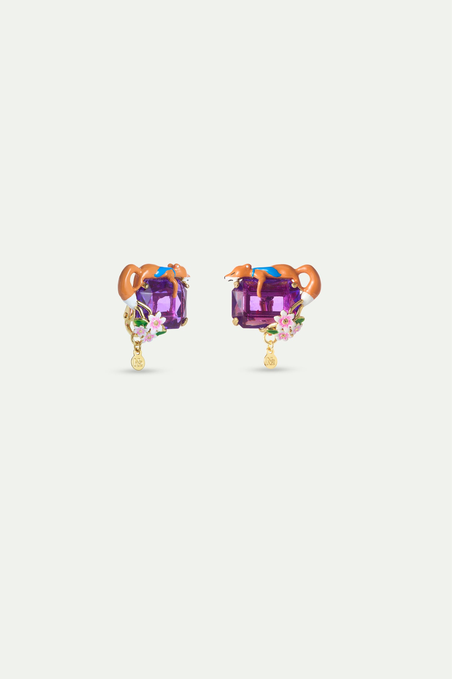 Purple Rectangular Stone Fox And Flower Earrings alternate clip-on view