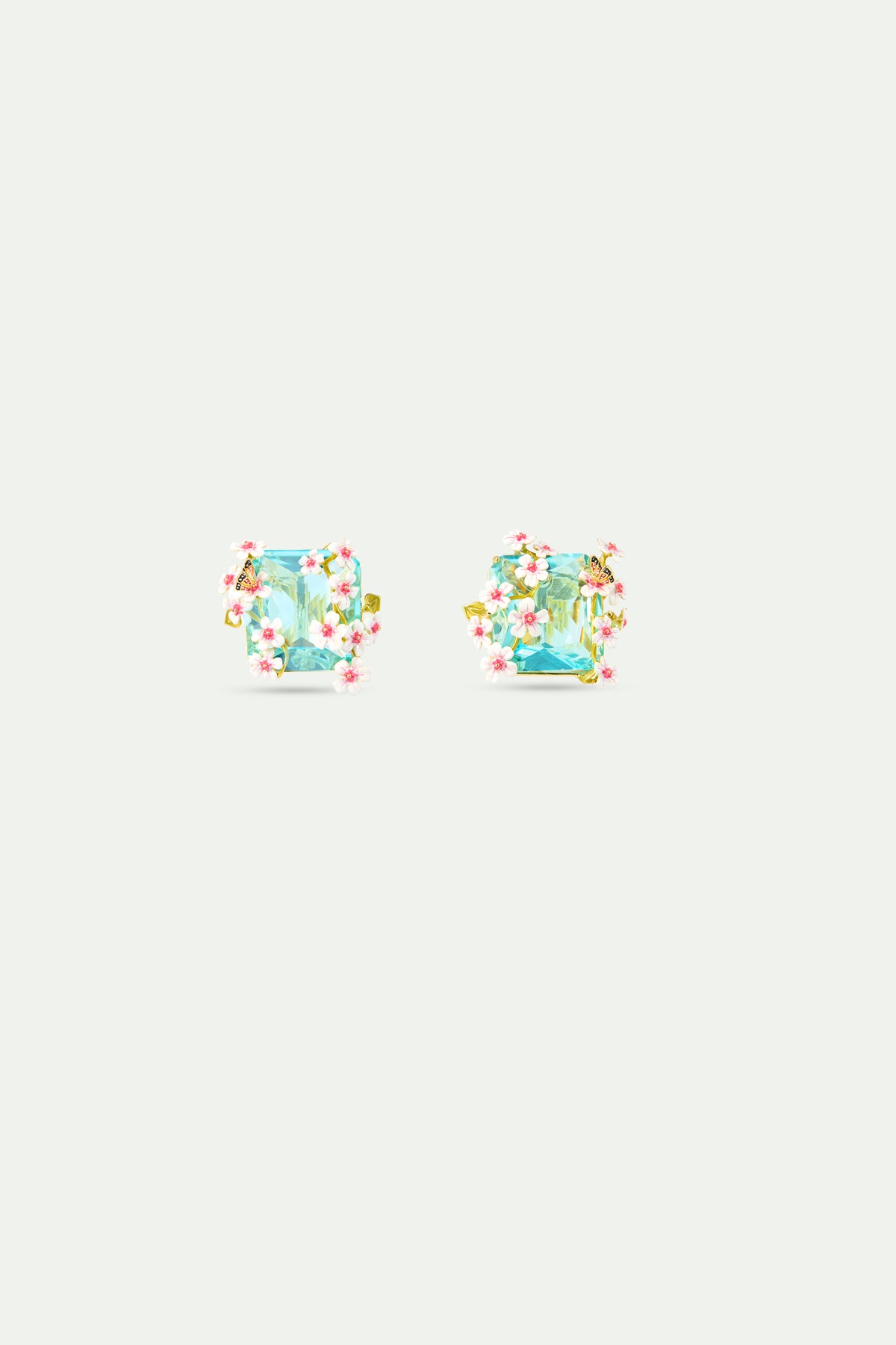 Square Blue Faceted Stone Earrings With Hawthorn And Butterfly alternate clip-on view