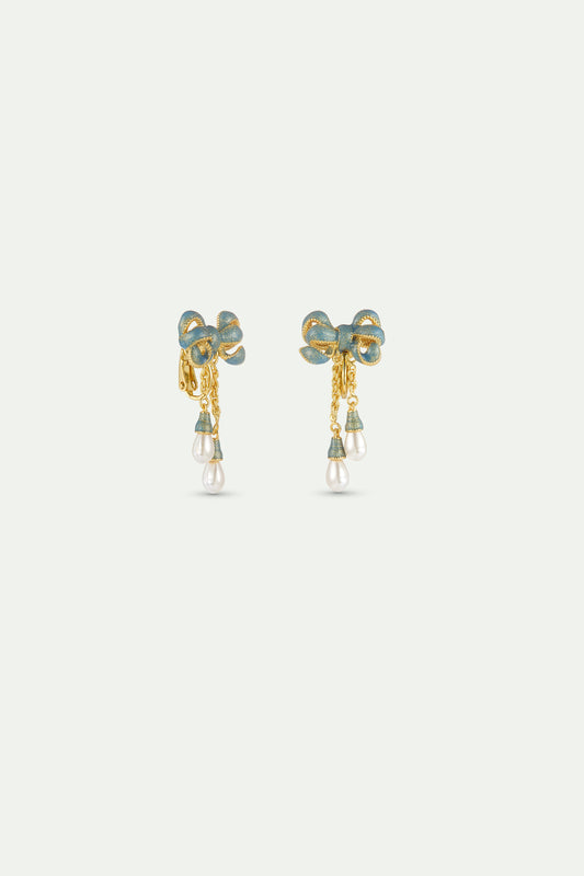 Gold And Blue Ribbon Dangle Earrings alternate clip-on view