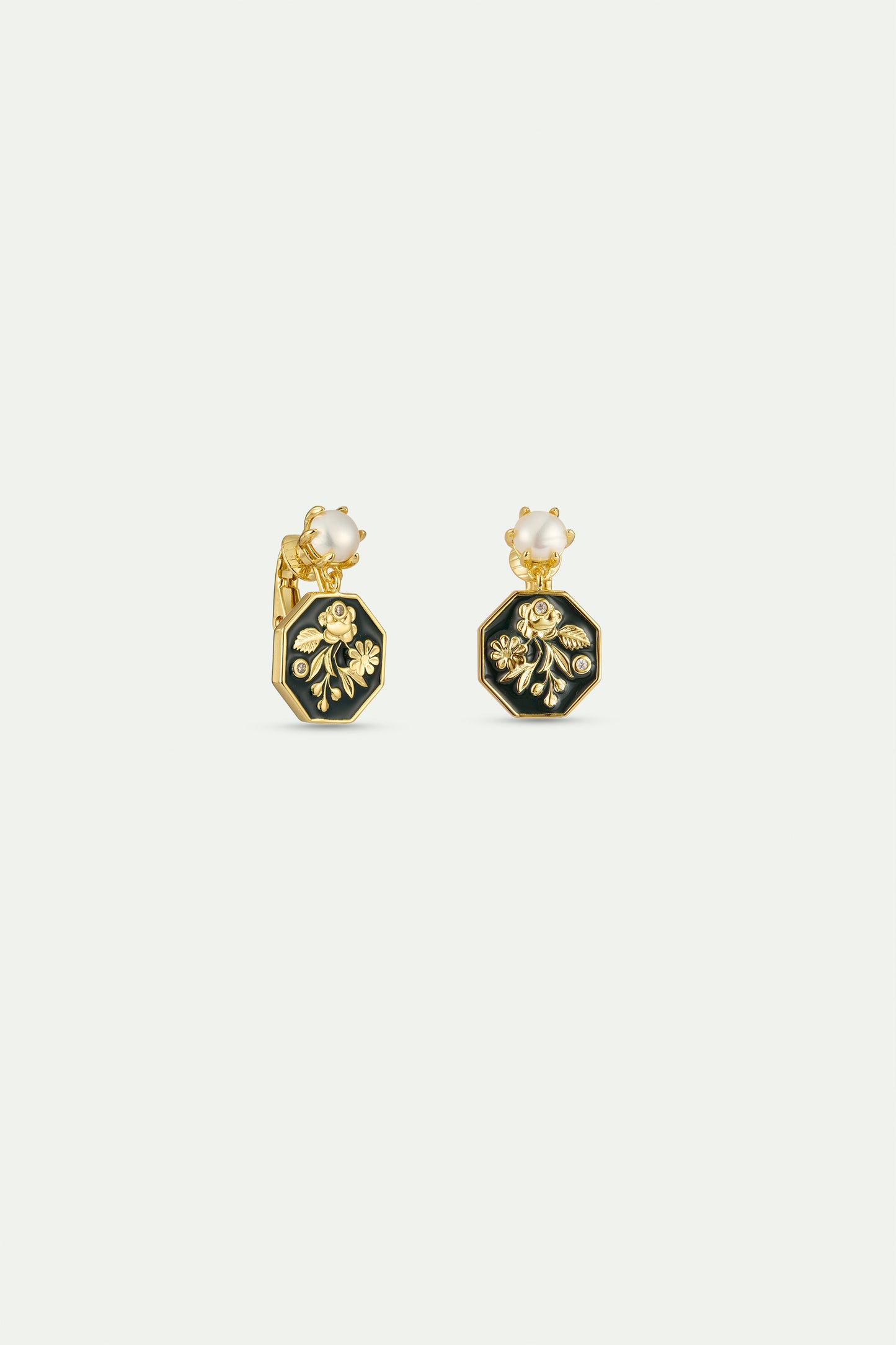 Black And Gold Peony Medallion Earrings alternate clip-on view