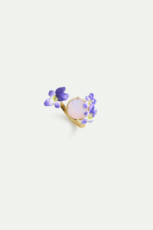 Round Pink Faceted Stone And Violet Adjustable Ring front view