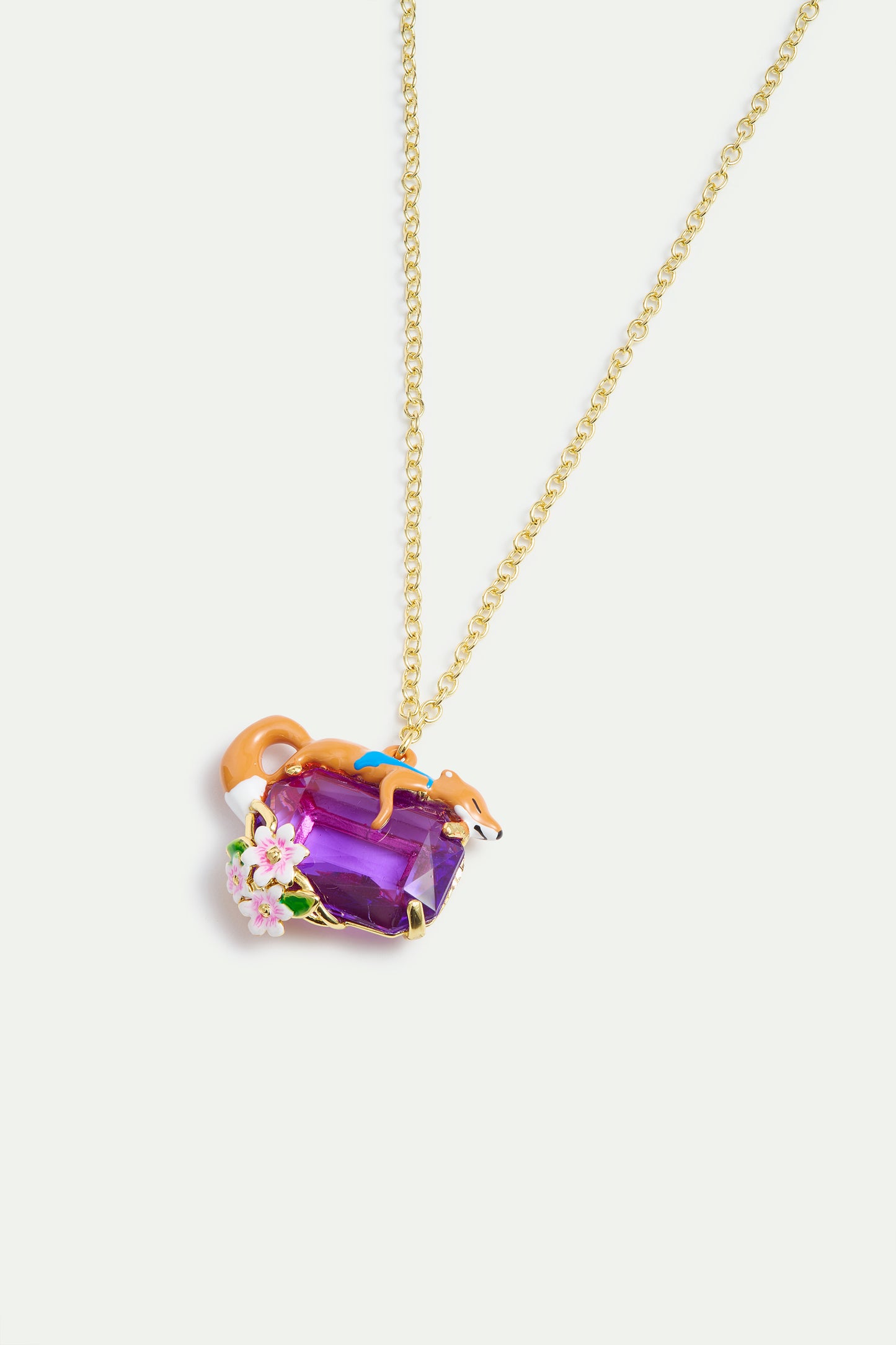 Purple Rectangular Stone Fox And Flower Pendant Necklace alternate view