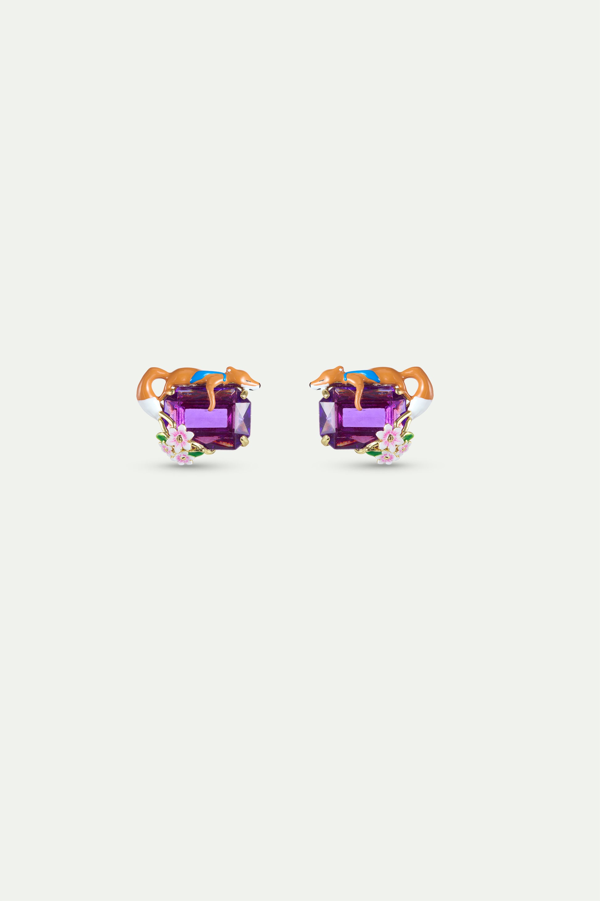 Purple Rectangular Stone Fox And Flower Earrings stud view