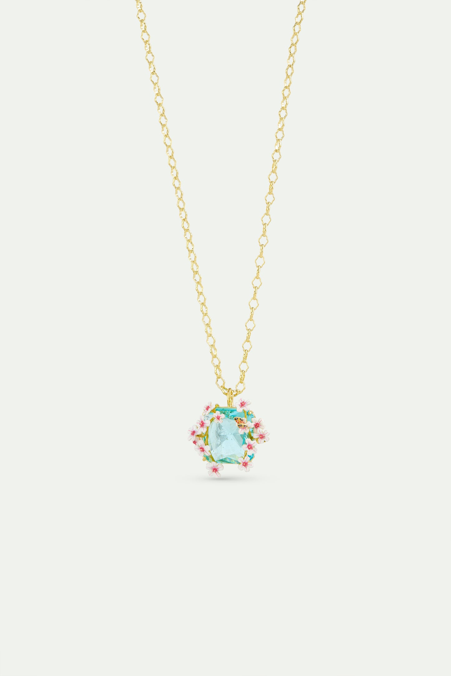 Necklace With Faceted Blue Square Stone Pendant, Hawthorns And Butterfly front view