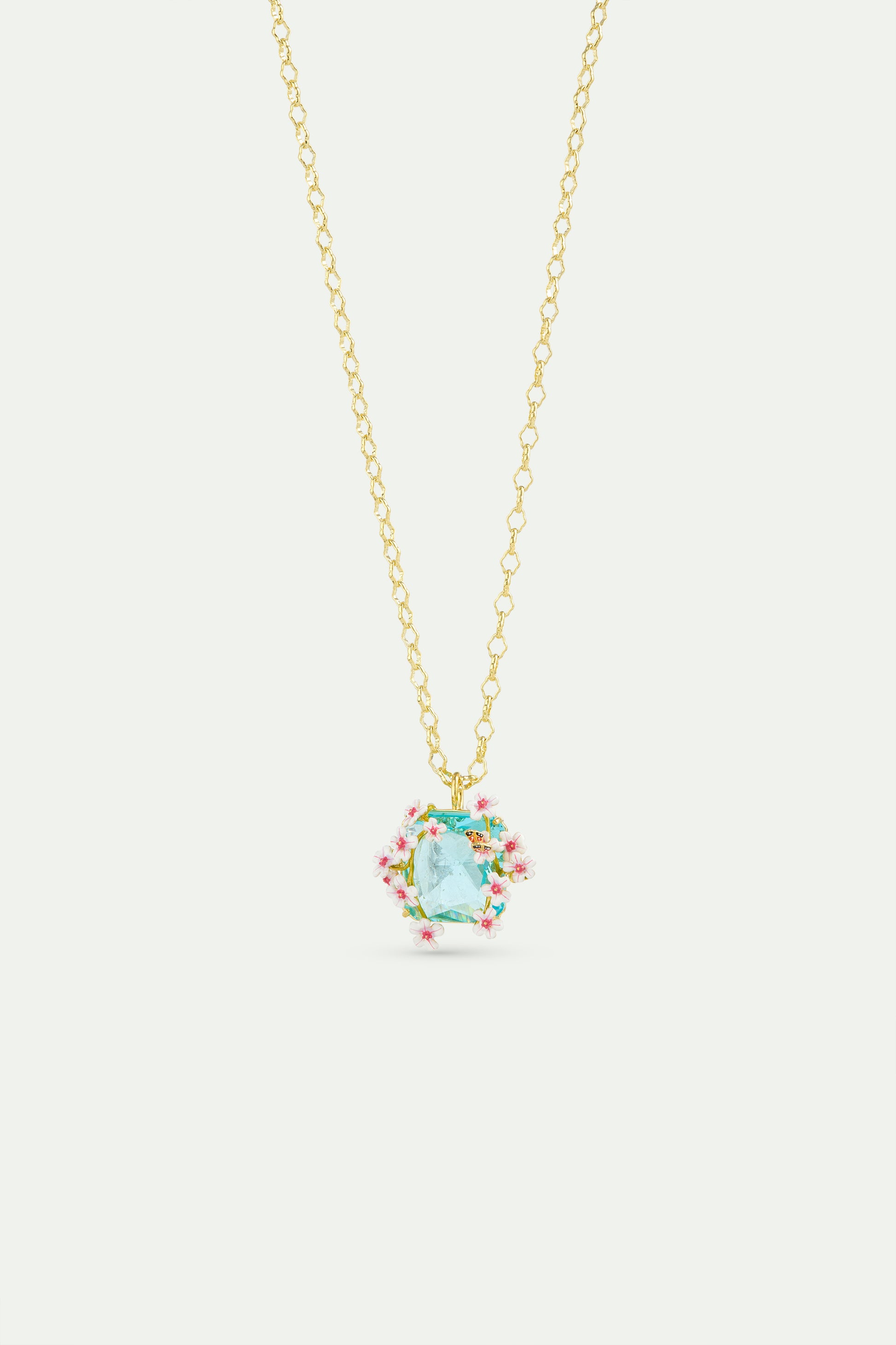 Necklace With Faceted Blue Square Stone Pendant, Hawthorns And Butterfly front view