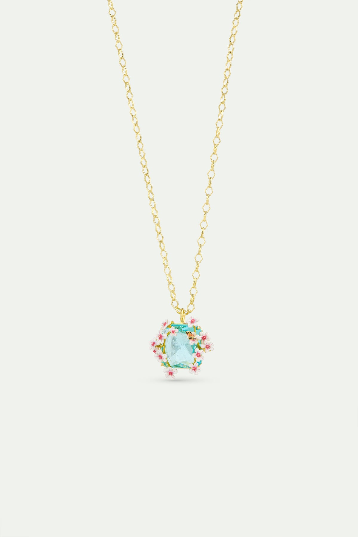 Necklace With Faceted Blue Square Stone Pendant, Hawthorns And Butterfly front view