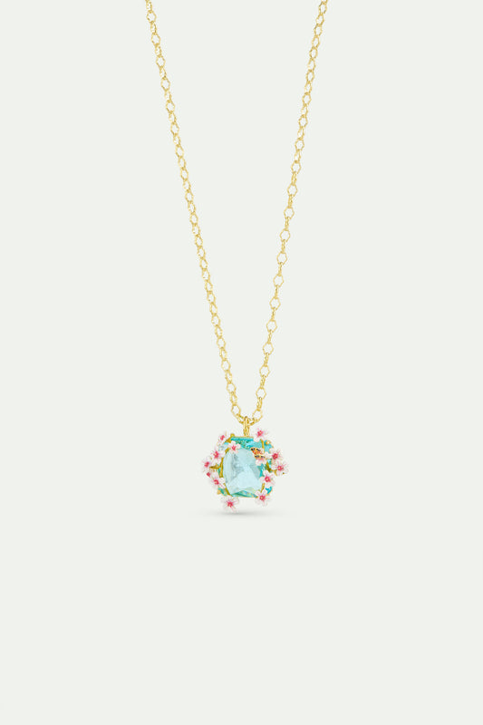 Necklace With Faceted Blue Square Stone Pendant, Hawthorns And Butterfly front view